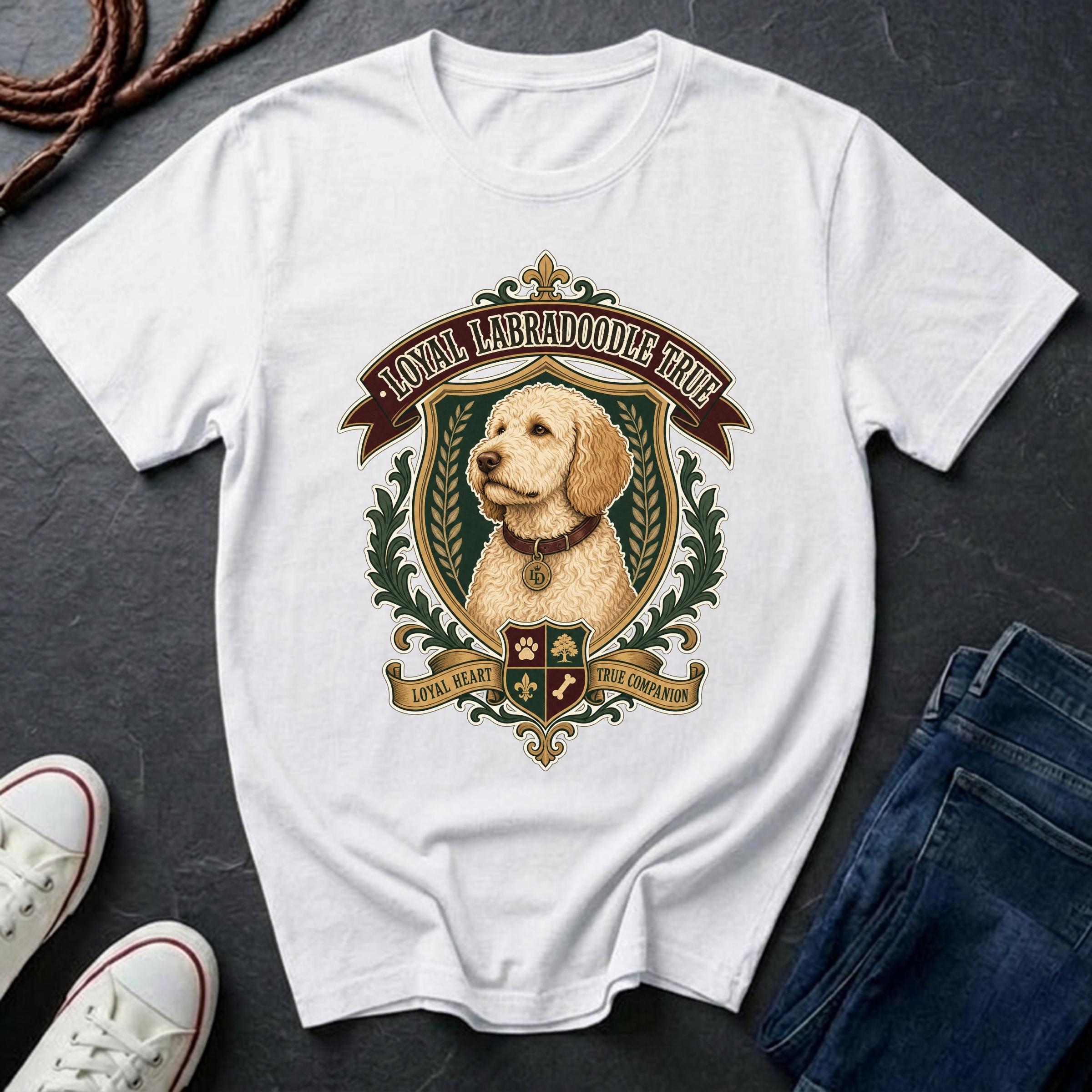 Labradoodle Heritage Badge t-shirt design featuring a vintage crest portrait of a curly cream Labradoodle on a white Comfort Colors tee
