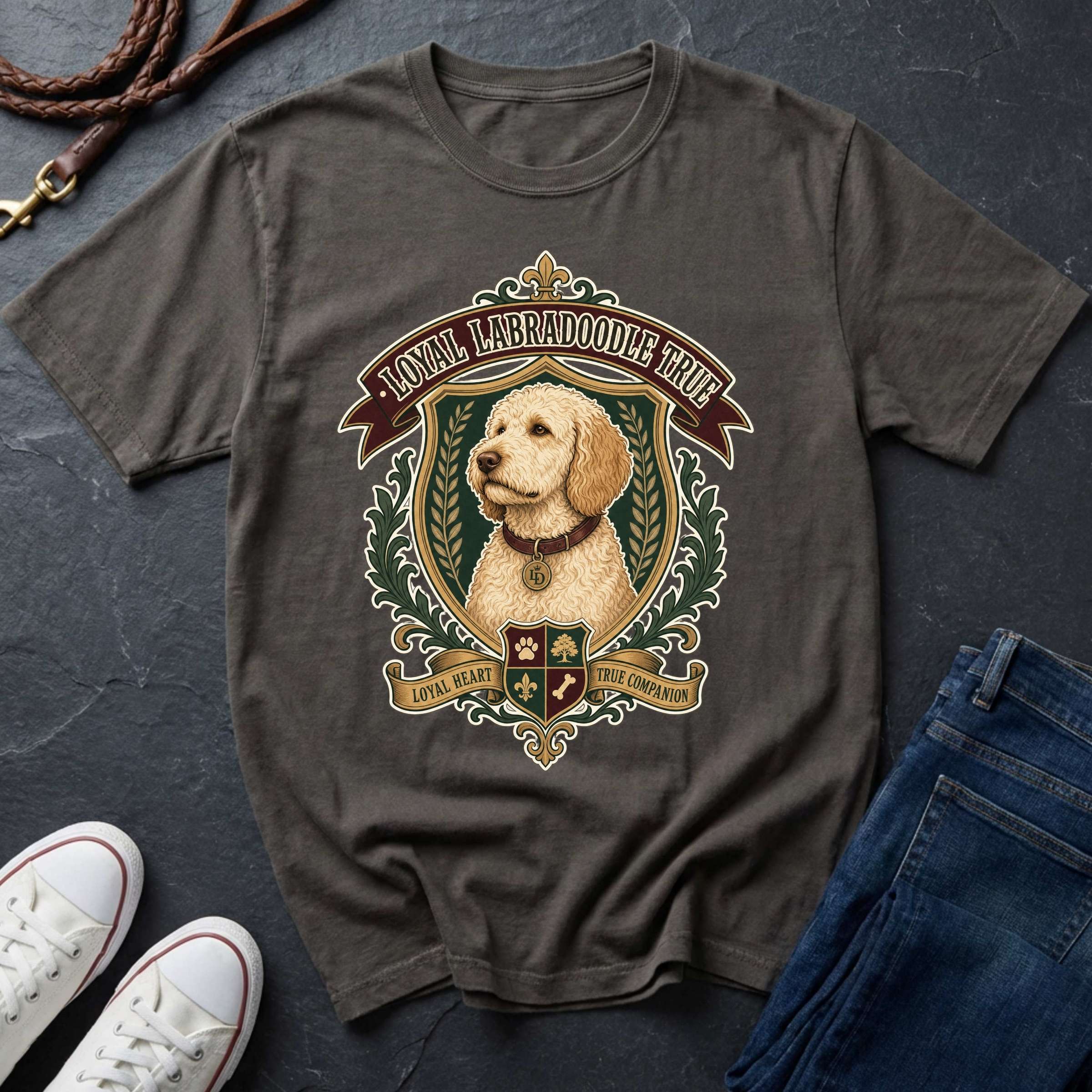 Labradoodle Heritage Badge t-shirt design featuring a vintage crest portrait of a curly cream Labradoodle on a grey Comfort Colors tee