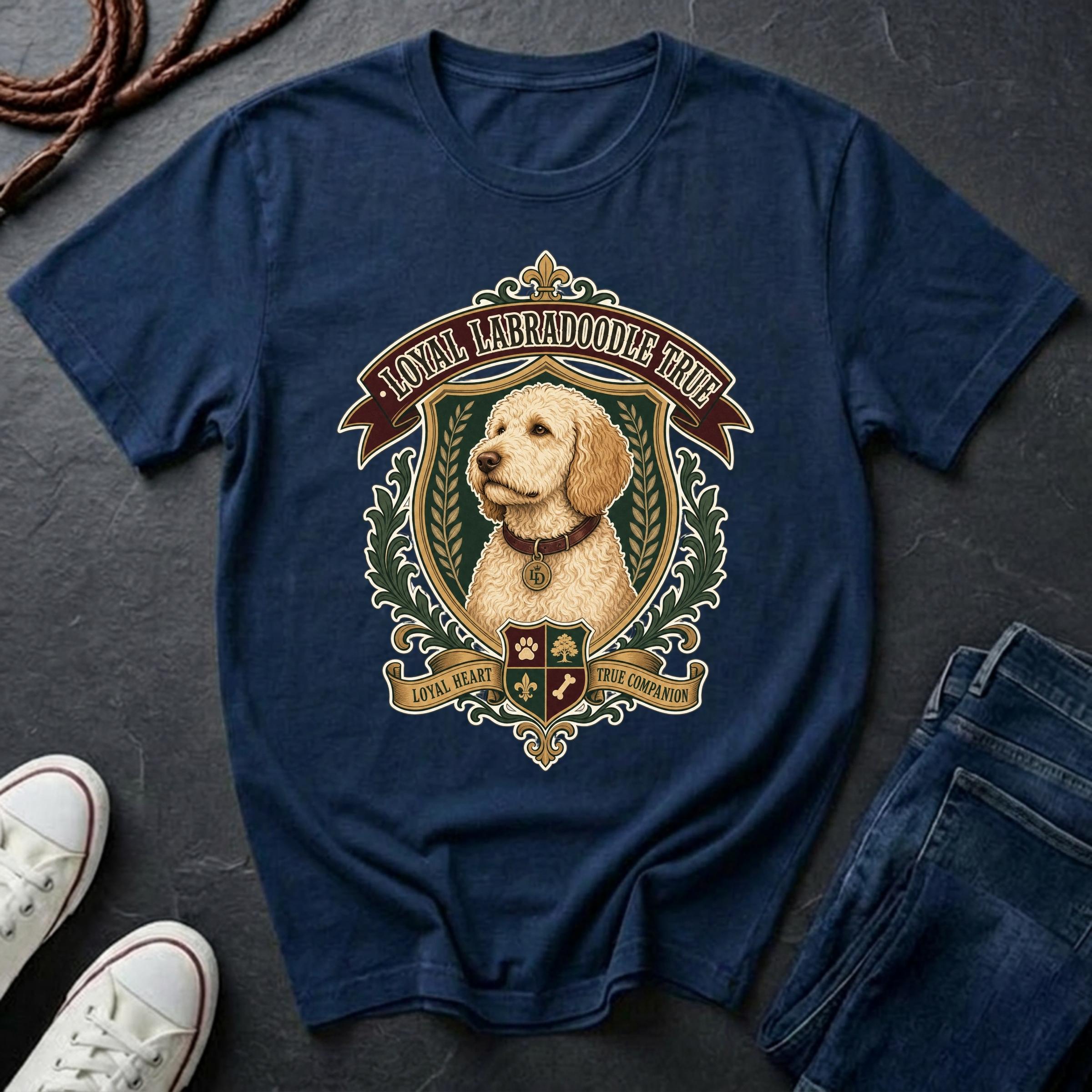 Labradoodle Heritage Badge t-shirt design featuring a vintage crest portrait of a curly cream Labradoodle on a navy Comfort Colors tee