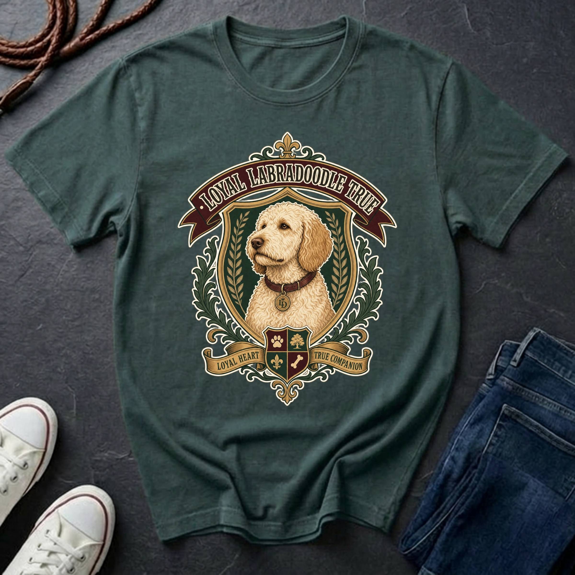 Labradoodle Heritage Badge t-shirt design featuring a vintage crest portrait of a curly cream Labradoodle on a blue spruce Comfort Colors tee