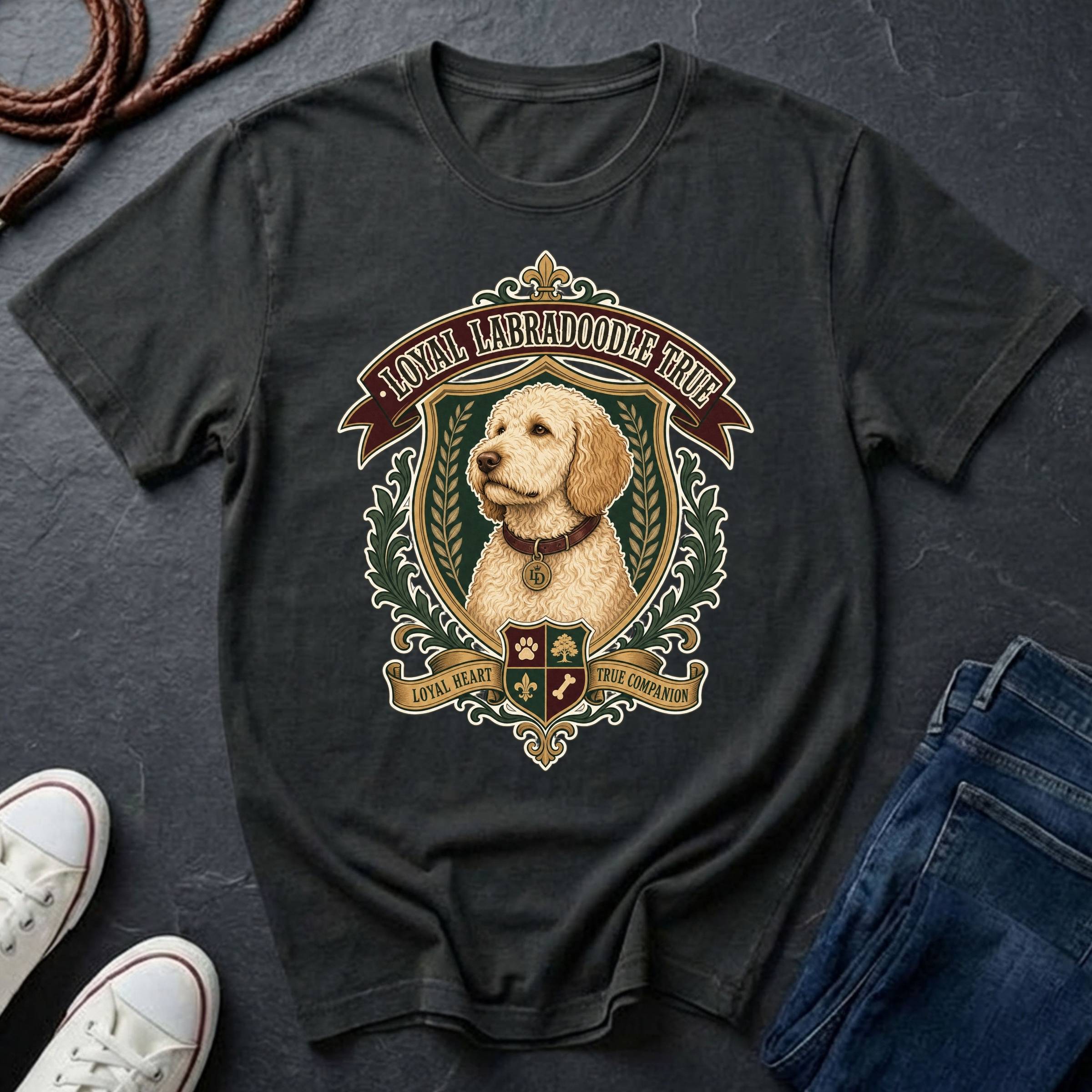 Labradoodle Heritage Badge t-shirt design featuring a vintage crest portrait of a curly cream Labradoodle on a black Comfort Colors tee