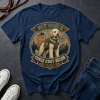 A navy Comfort Colors graphic Tee featuring a large circular dog graphic with the text 'GOT YOUR 6 CURLY COAT RECON' and an illustration of a Labradoodle in a vest.