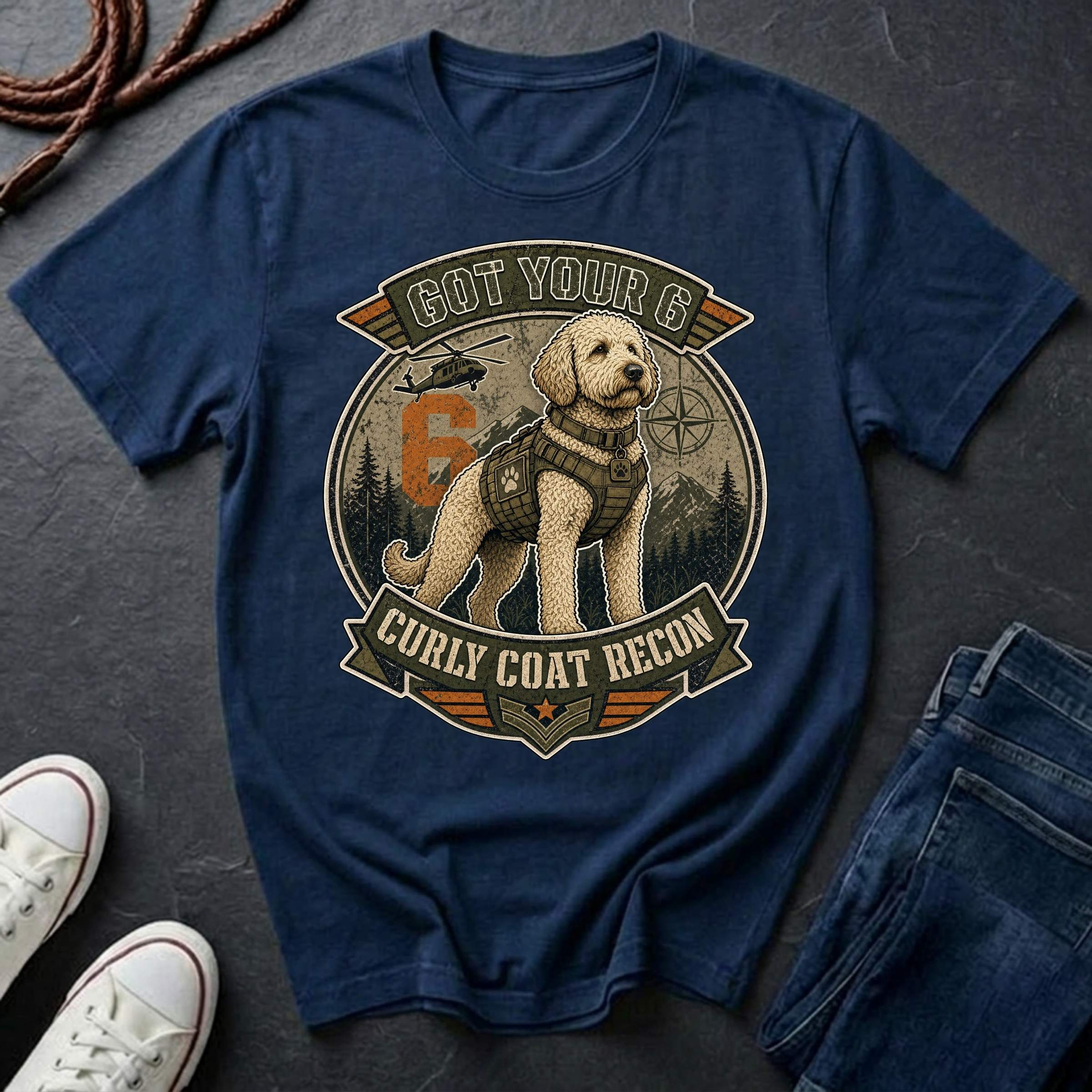 A navy Comfort Colors graphic Tee featuring a large circular dog graphic with the text 'GOT YOUR 6 CURLY COAT RECON' and an illustration of a Labradoodle in a vest.