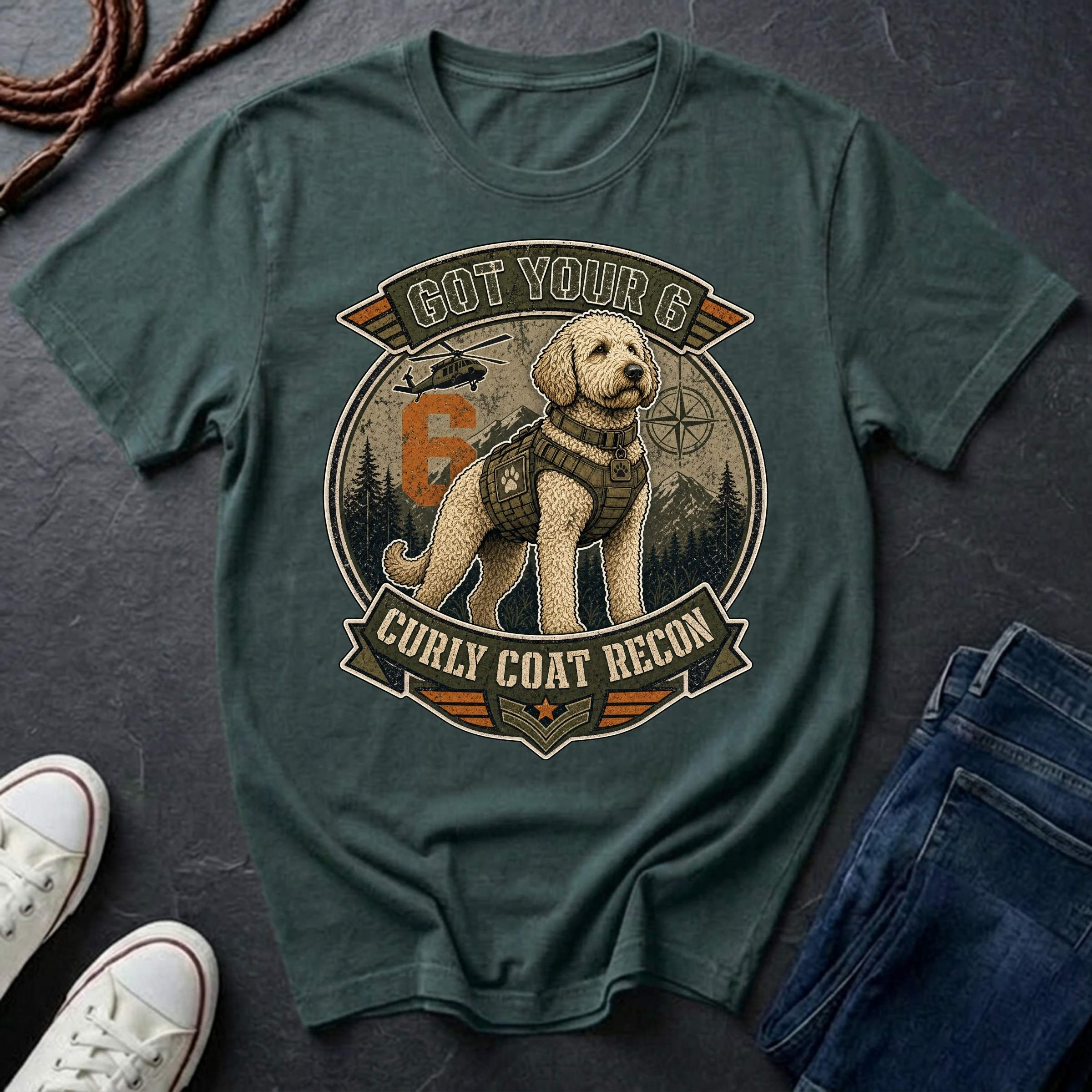 A blue spruce Comfort Colors graphic Tee featuring a large circular dog graphic with the text 'GOT YOUR 6 CURLY COAT RECON' and an illustration of a Labradoodle in a vest.