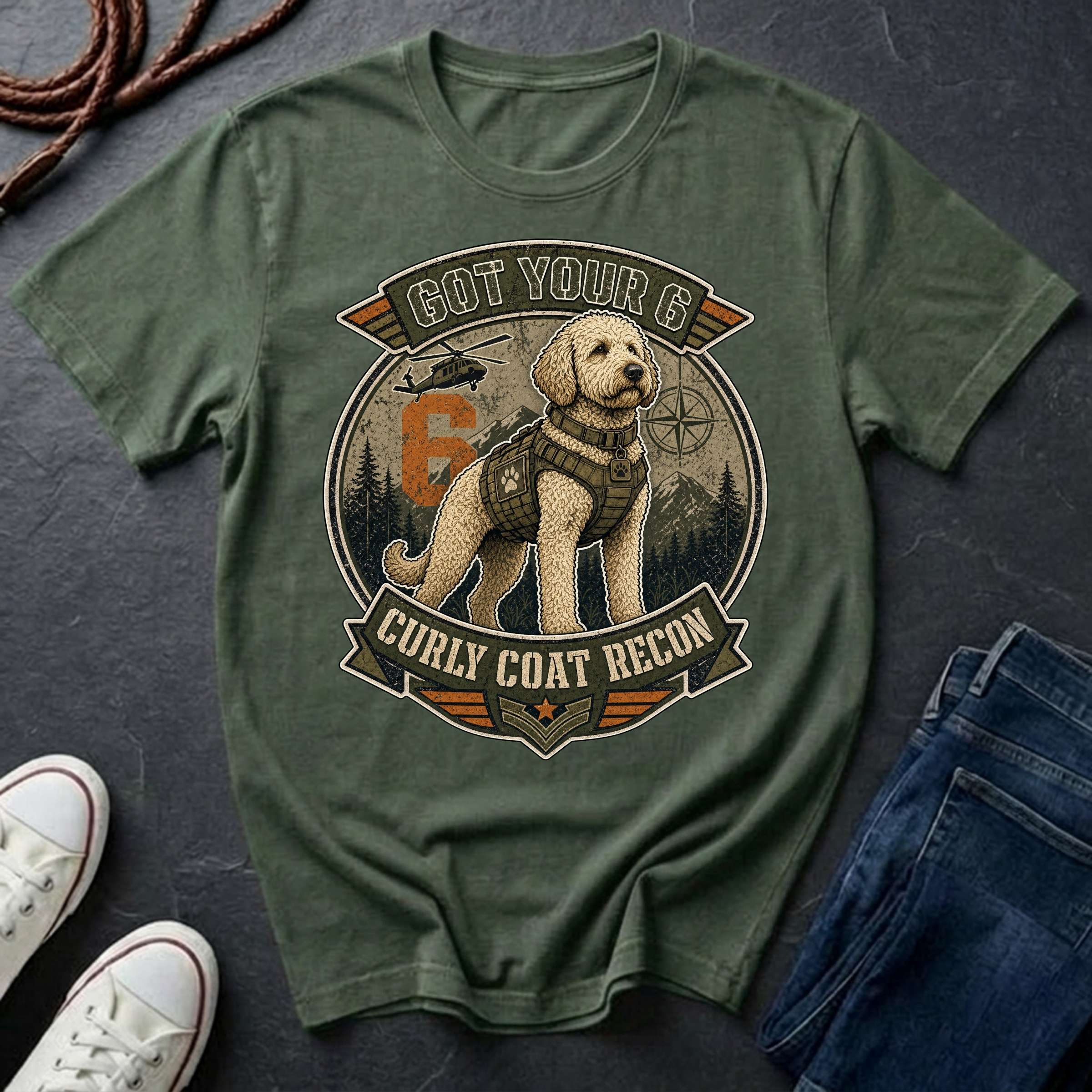 A white Comfort Colors graphic Tee featuring a large circular dog graphic with the text 'GOT YOUR 6 CURLY COAT RECON' and an illustration of a Labradoodle in a vest.