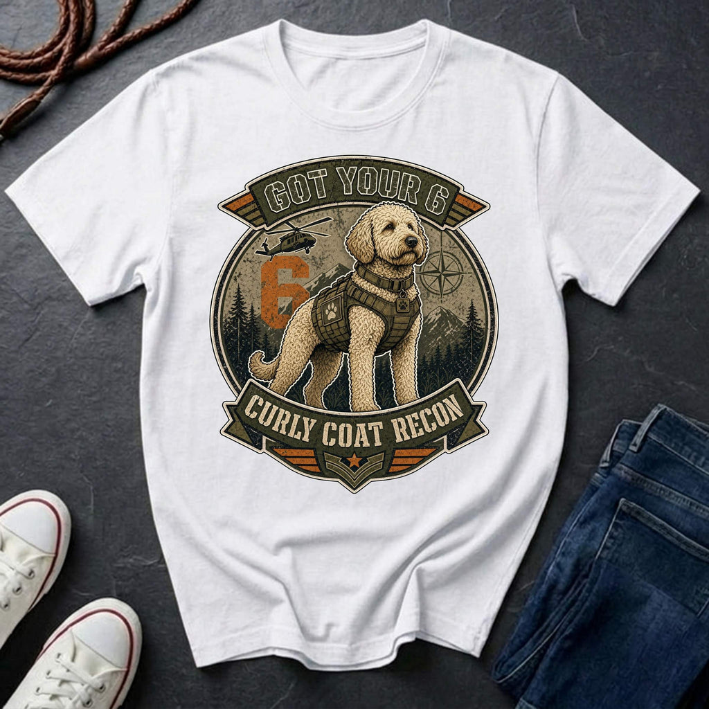 A white Comfort Colors graphic Tee featuring a large circular dog graphic with the text 'GOT YOUR 6 CURLY COAT RECON' and an illustration of a Labradoodle in a vest.