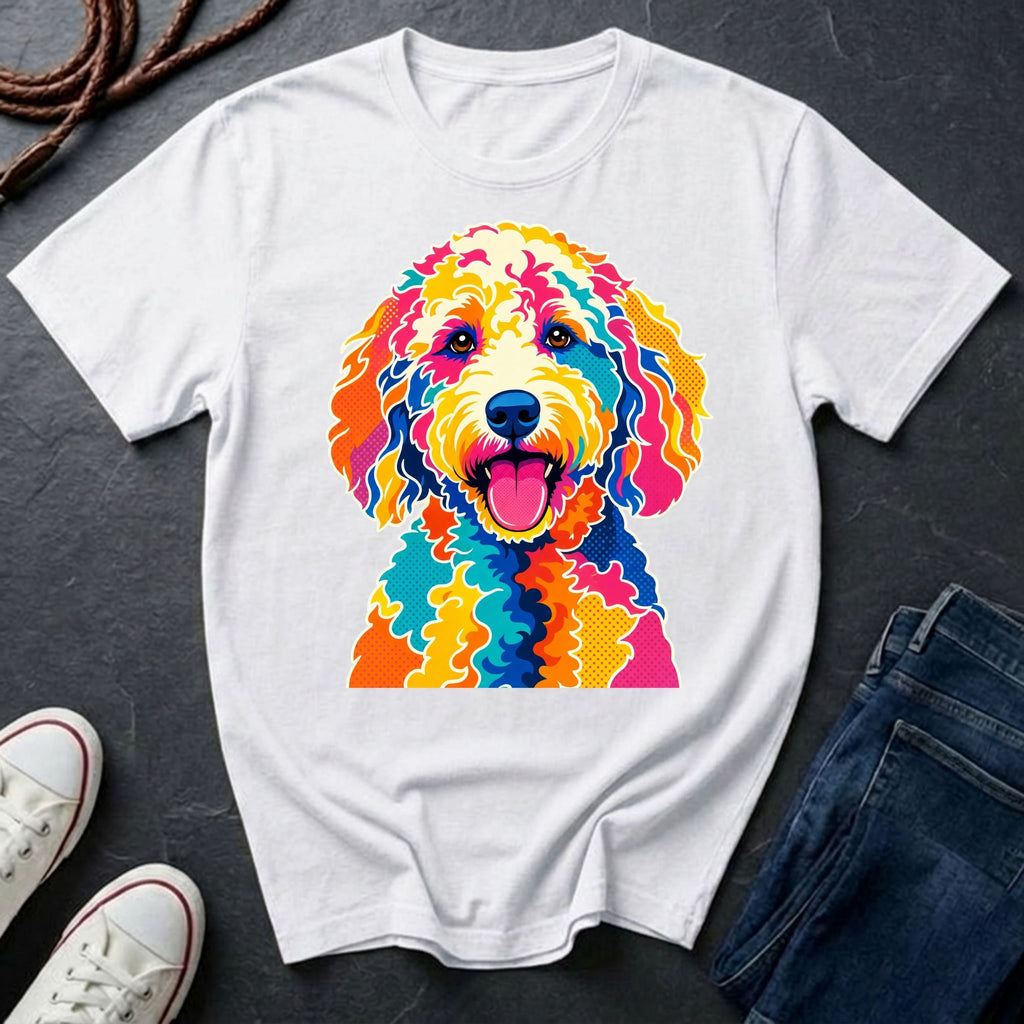 Labradoodle Graphic Pop Art t-shirt design featuring a vibrant color-block portrait of a Labradoodle on a white Comfort Colors tee