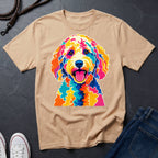 Labradoodle Graphic Pop Art t-shirt design featuring a vibrant color-block portrait of a Labradoodle on a ivory Comfort Colors tee