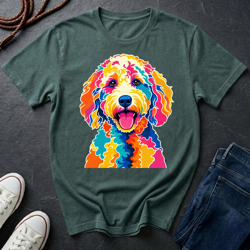 Labradoodle Graphic Pop Art t-shirt design featuring a vibrant color-block portrait of a Labradoodle on a blue spruce Comfort Colors tee