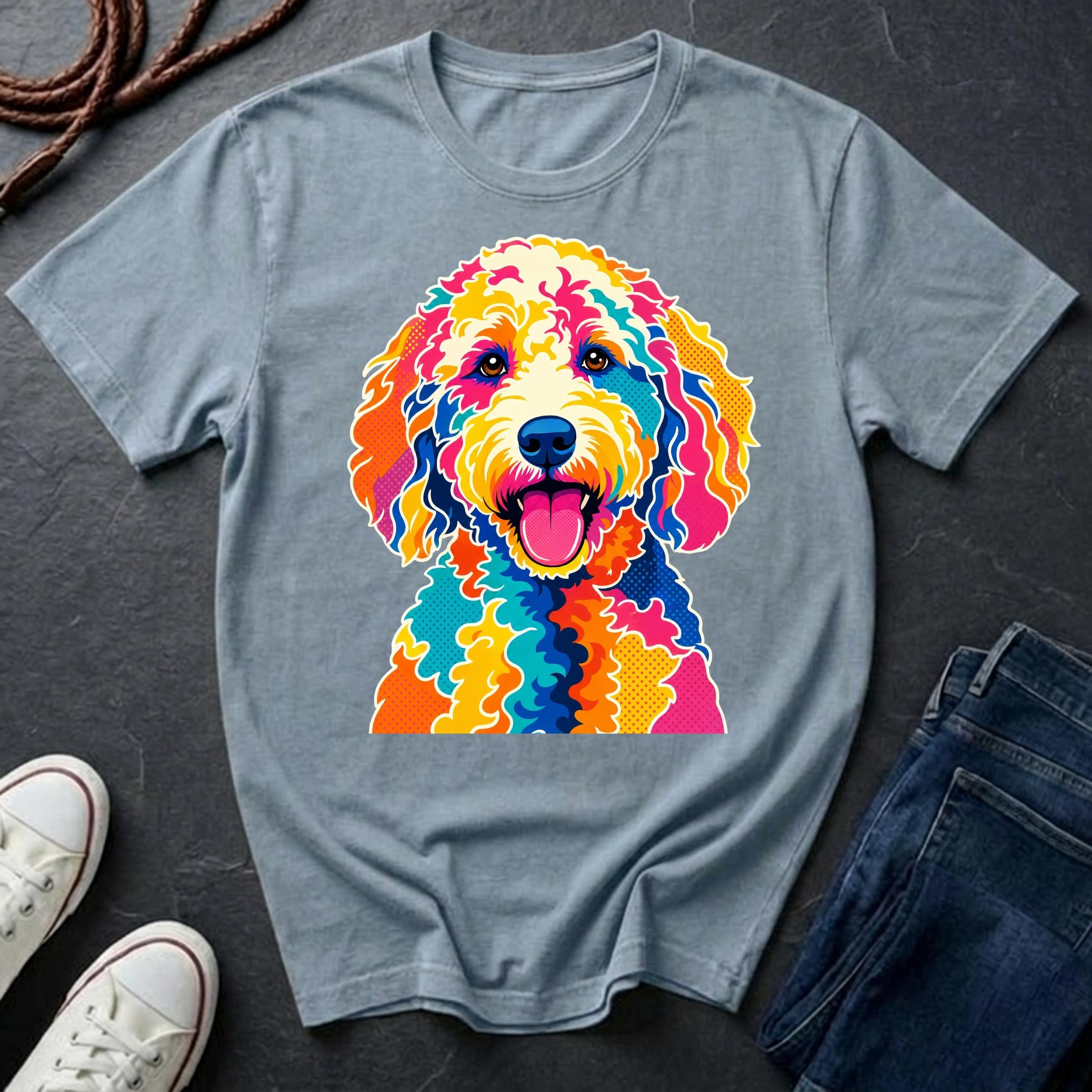Labradoodle Graphic Pop Art t-shirt design featuring a vibrant color-block portrait of a Labradoodle on a blue jean Comfort Colors tee