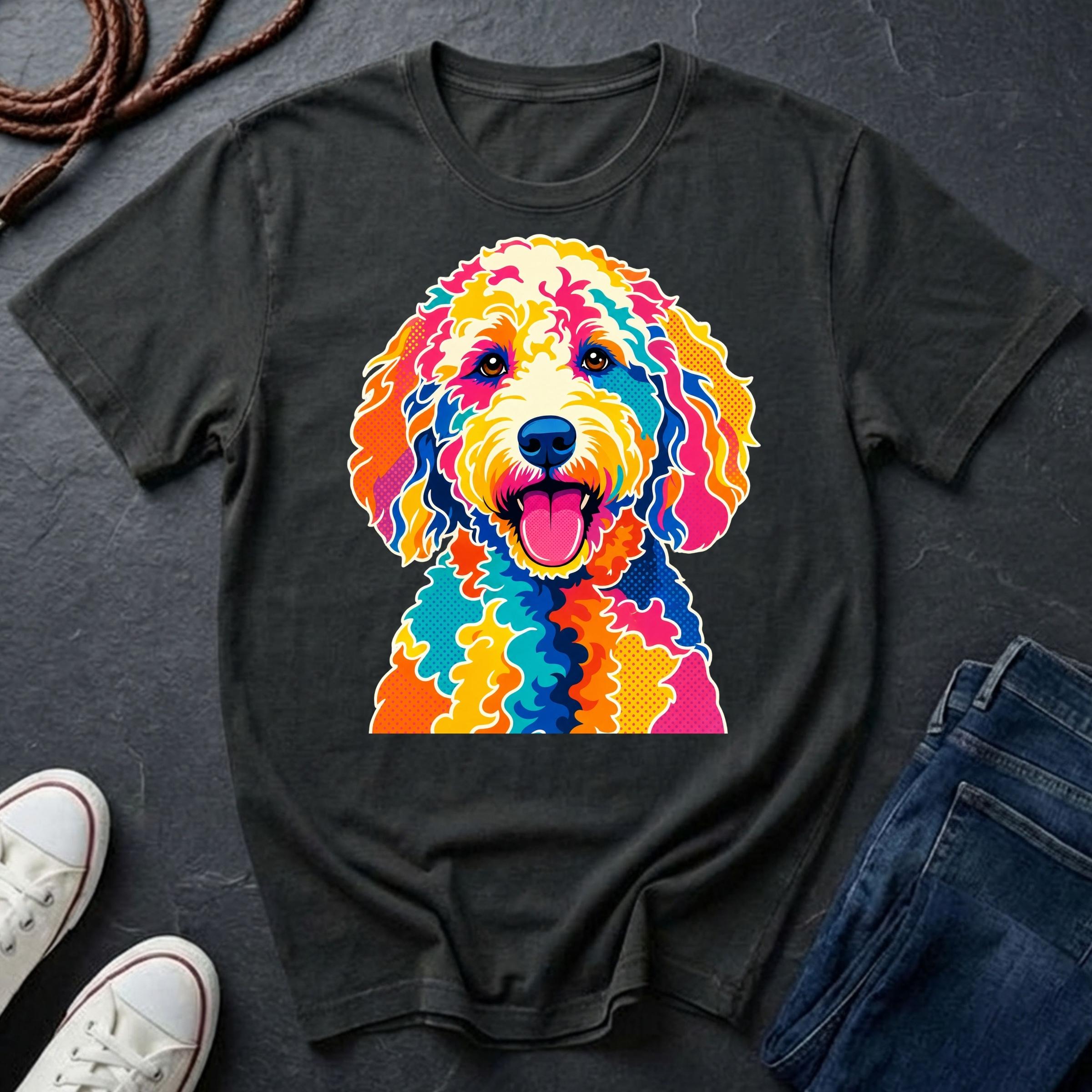 Labradoodle Graphic Pop Art t-shirt design featuring a vibrant color-block portrait of a Labradoodle on a black Comfort Colors tee