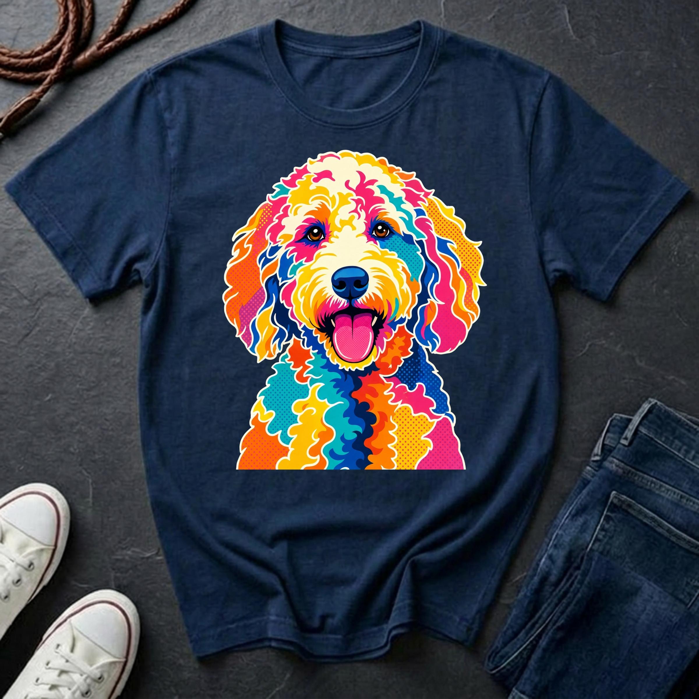 Labradoodle Graphic Pop Art t-shirt design featuring a vibrant color-block portrait of a Labradoodle on a navy Comfort Colors tee