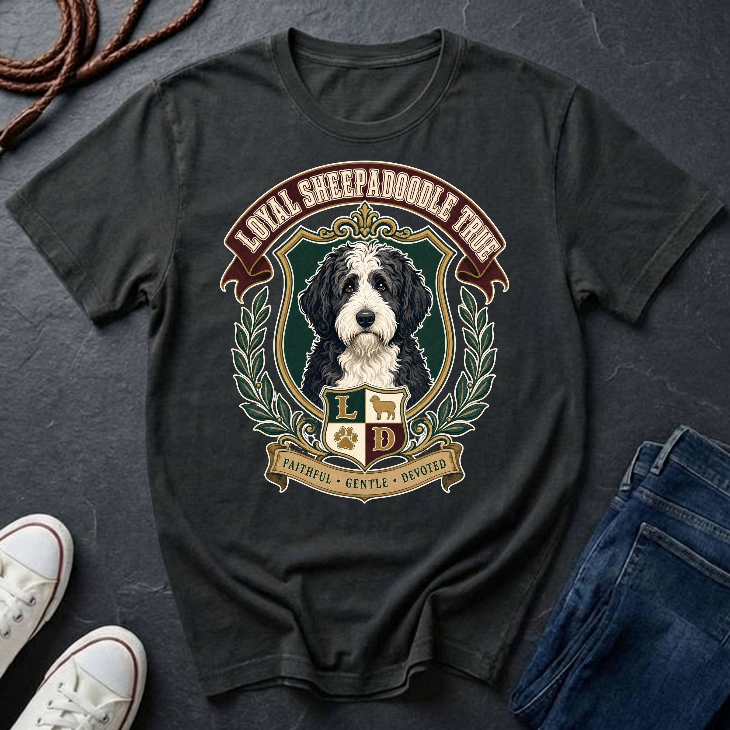 A black Comfort Colors graphic T-shirt featuring a large front print of a Sheepadoodle in a crest with the text 'LOYAL SHEEPADOODLE TRUE.'