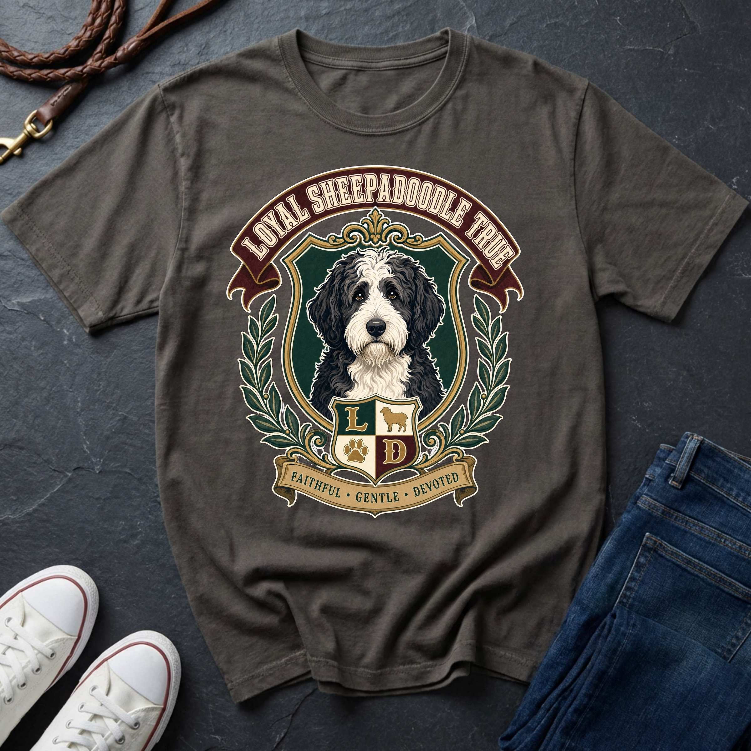 A grey Comfort Colors graphic T-shirt featuring a large front print of a Sheepadoodle in a crest with the text 'LOYAL SHEEPADOODLE TRUE.'