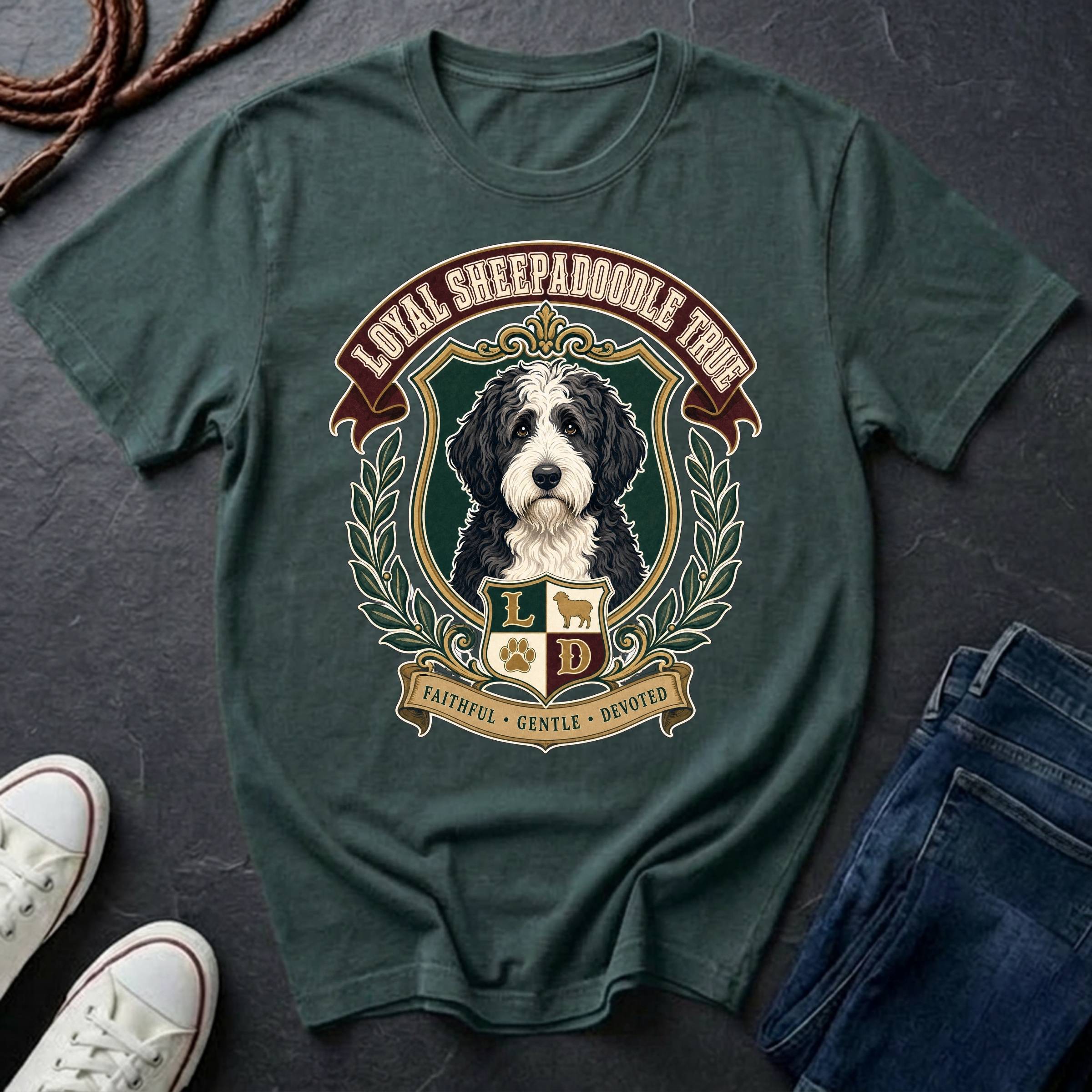 A blue spruce Comfort Colors graphic T-shirt featuring a large front print of a Sheepadoodle in a crest with the text 'LOYAL SHEEPADOODLE TRUE.'