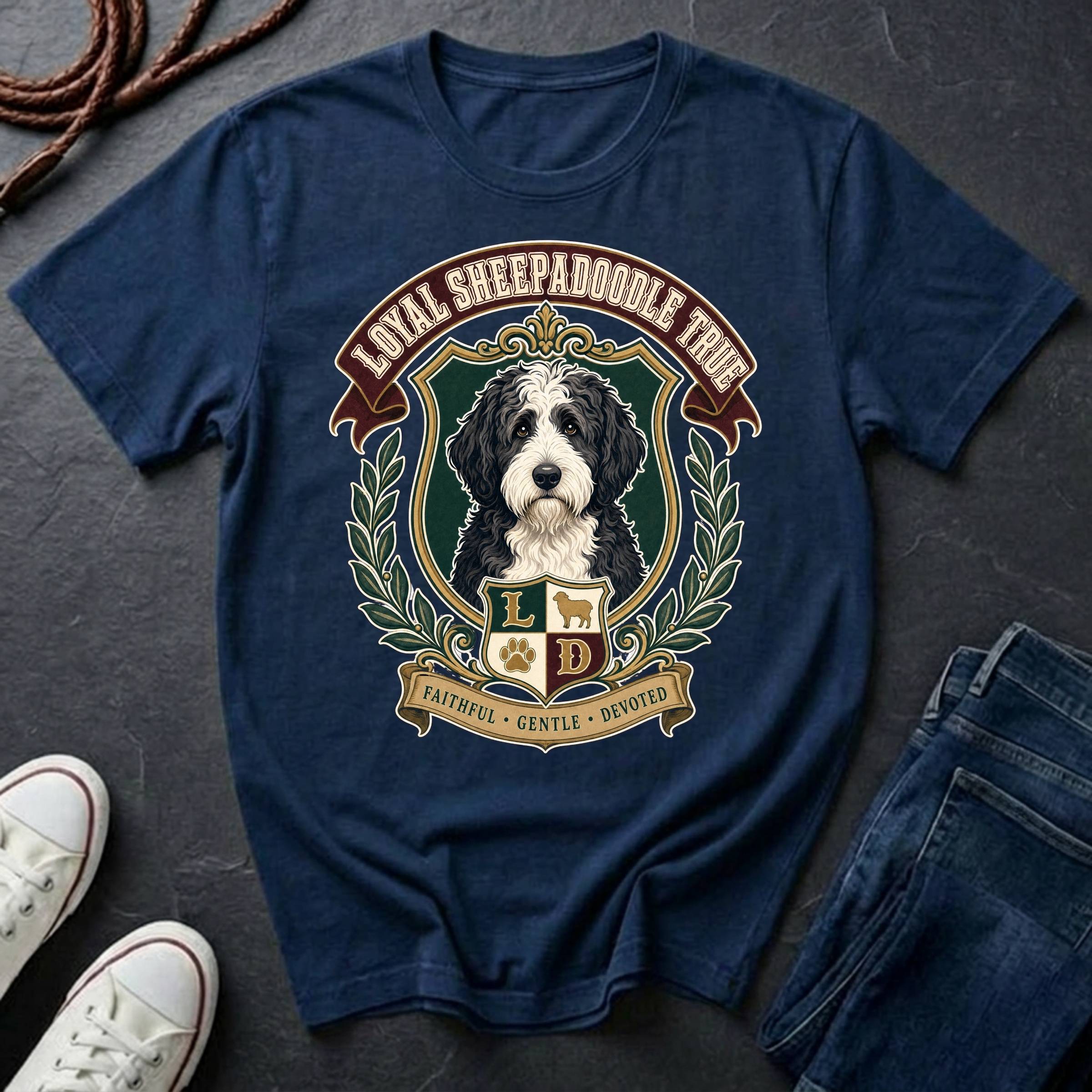 A navy Comfort Colors graphic T-shirt featuring a large front print of a Sheepadoodle in a crest with the text 'LOYAL SHEEPADOODLE TRUE.'