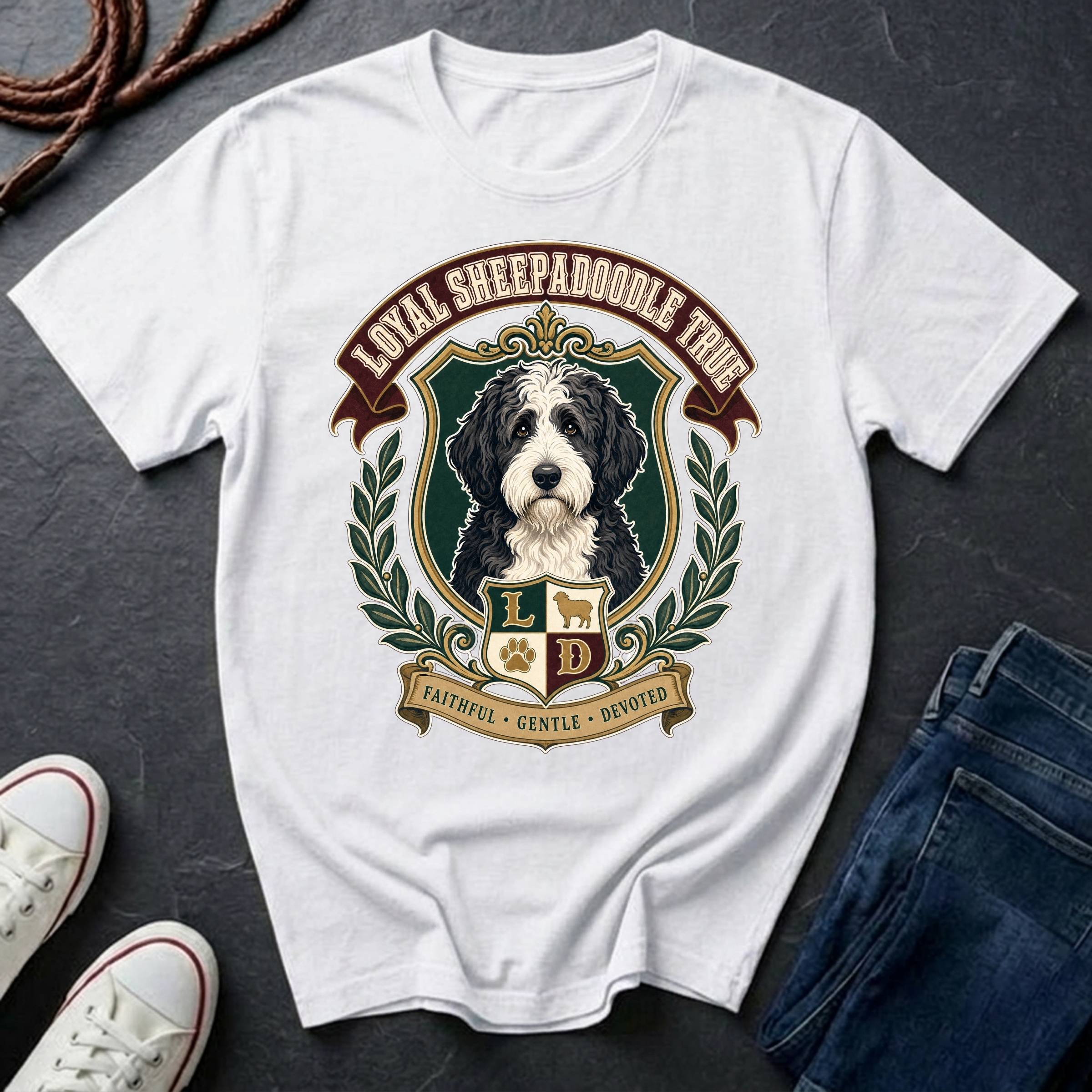 A white Comfort Colors graphic T-shirt featuring a large front print of a Sheepadoodle in a crest with the text 'LOYAL SHEEPADOODLE TRUE.'