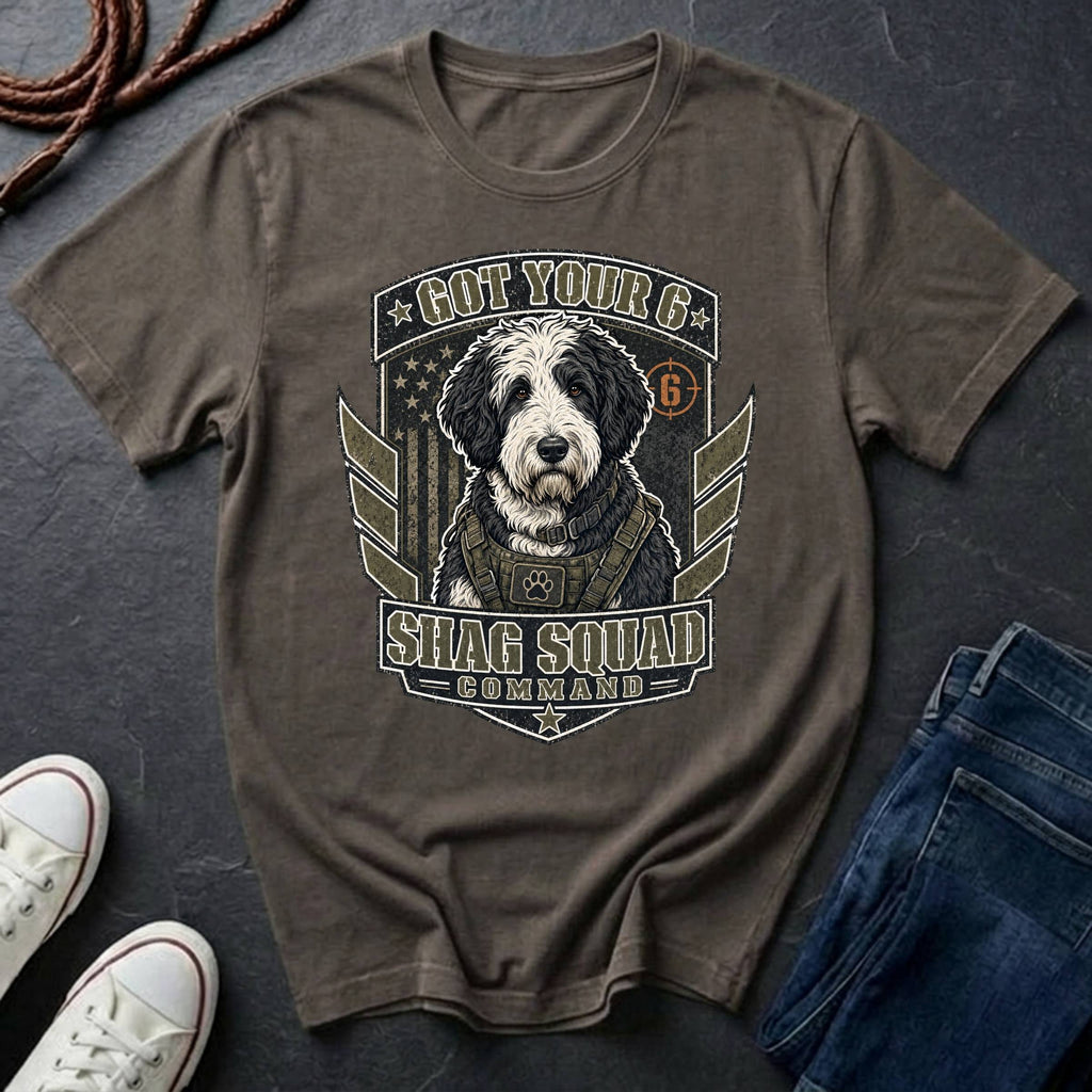 Sheepadoodle "Got Your 6" t-shirt design featuring a tactical distressed badge portrait of a Sheepadoodle on a grey Comfort Colors tee