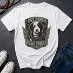 Sheepadoodle "Got Your 6" t-shirt design featuring a tactical distressed badge portrait of a Sheepadoodle on a white Comfort Colors tee