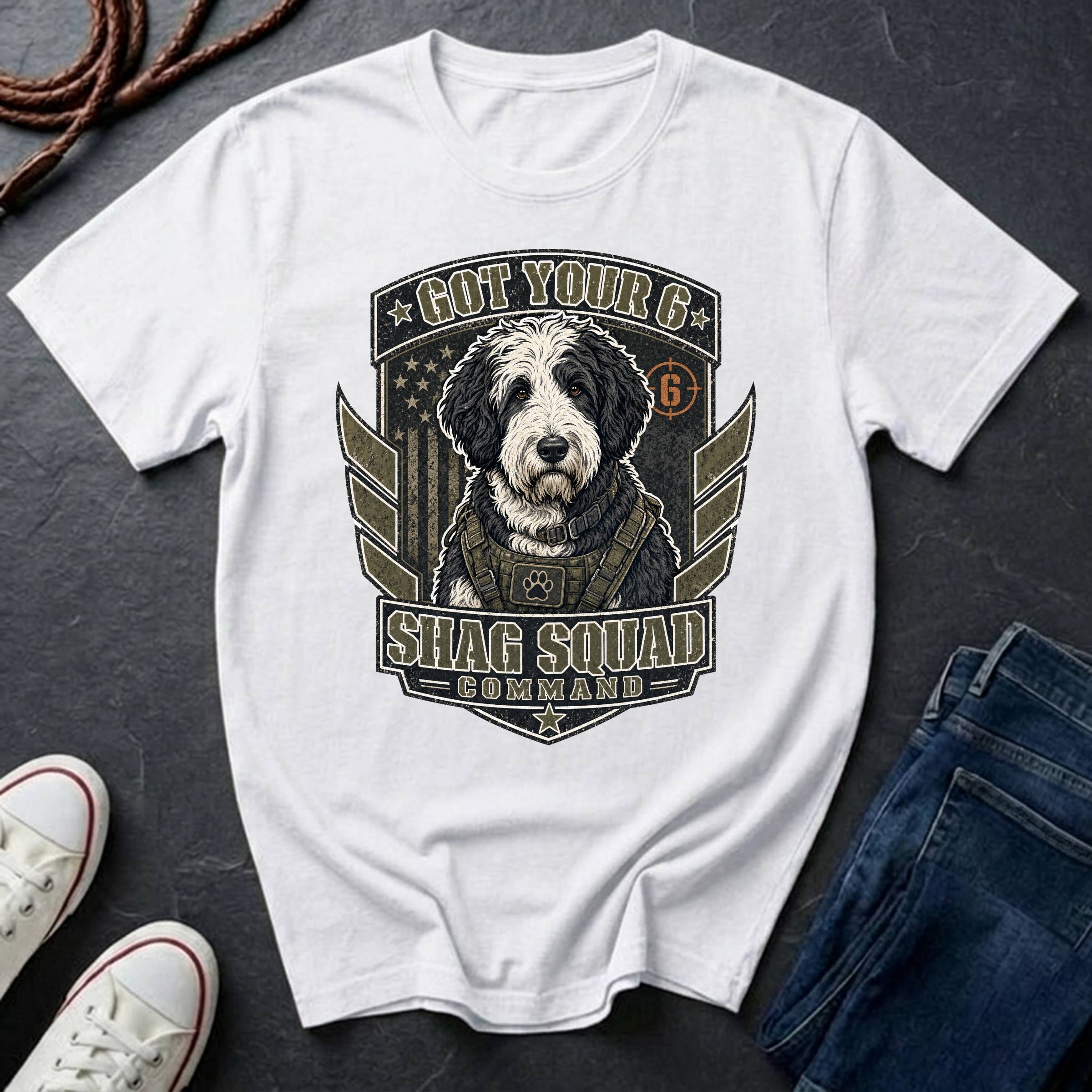 Sheepadoodle "Got Your 6" t-shirt design featuring a tactical distressed badge portrait of a Sheepadoodle on a white Comfort Colors tee