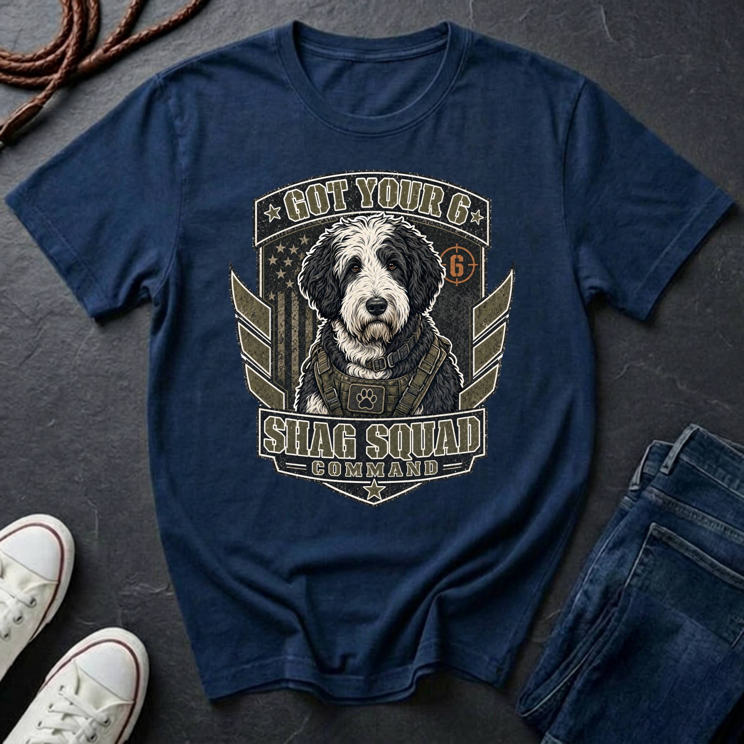 Sheepadoodle "Got Your 6" t-shirt design featuring a tactical distressed badge portrait of a Sheepadoodle on a navy Comfort Colors tee