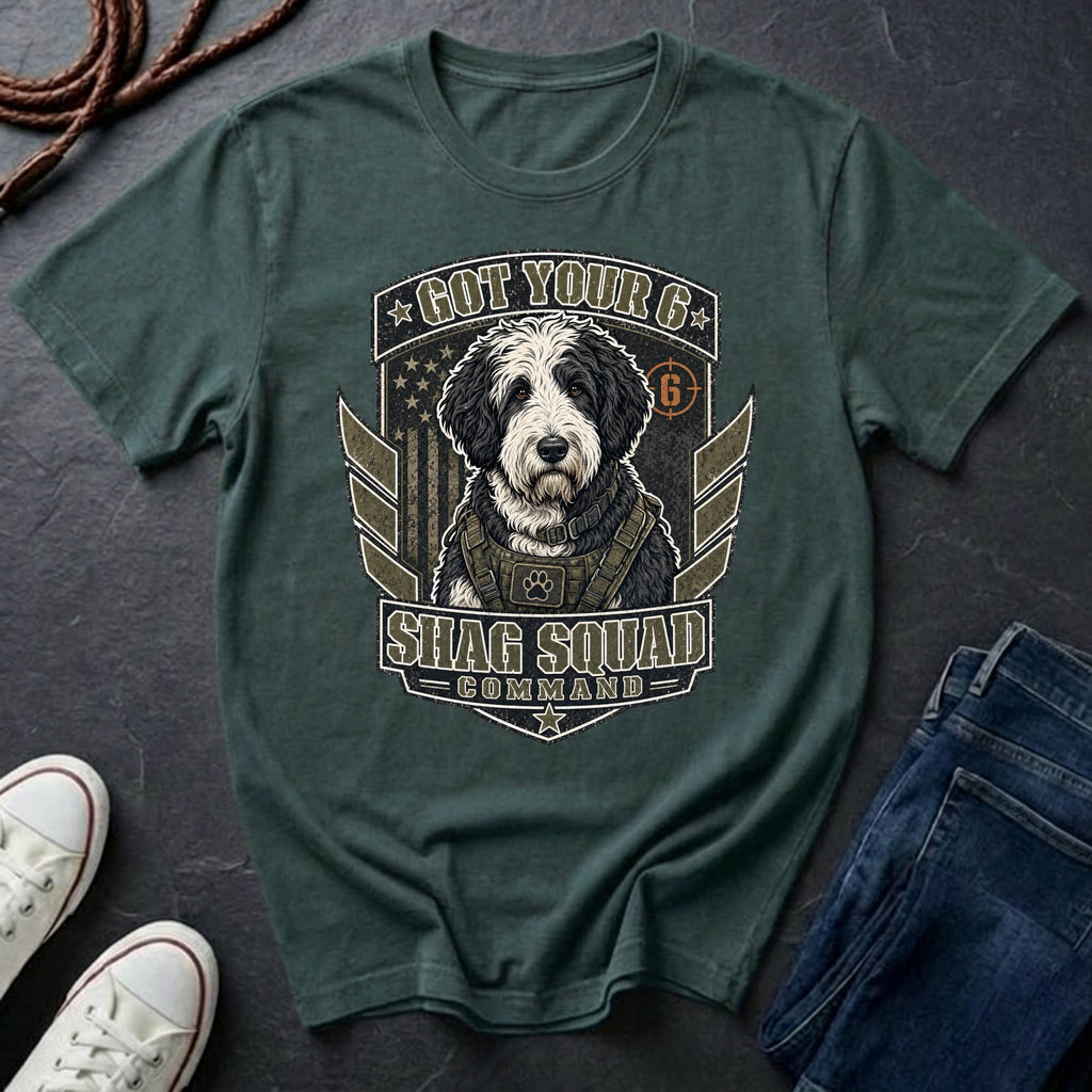 Sheepadoodle "Got Your 6" t-shirt design featuring a tactical distressed badge portrait of a Sheepadoodle on a blue spruce Comfort Colors tee