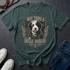 Sheepadoodle "Got Your 6" t-shirt design featuring a tactical distressed badge portrait of a Sheepadoodle on a blue spruce Comfort Colors tee