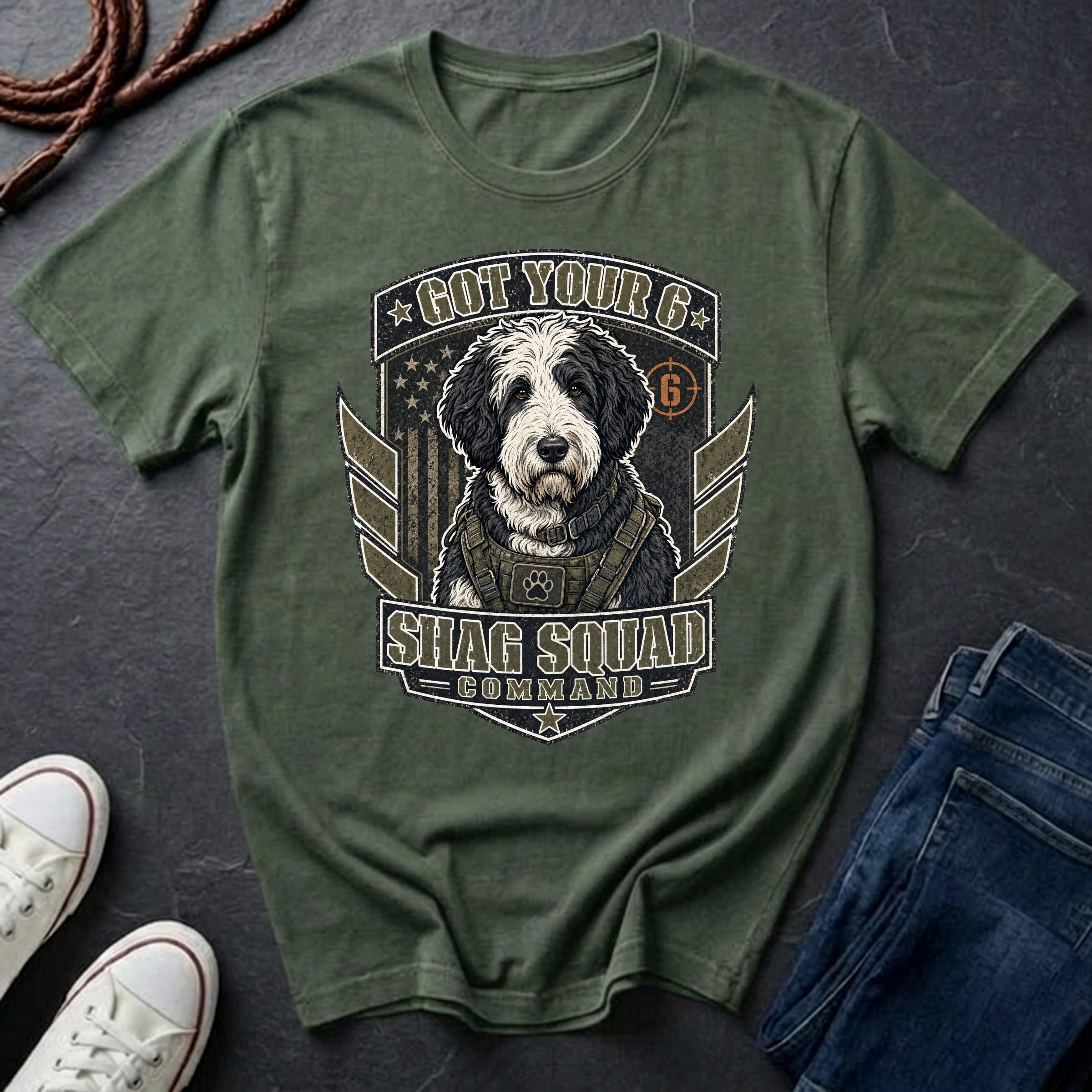 Sheepadoodle "Got Your 6" t-shirt design featuring a tactical distressed badge portrait of a Sheepadoodle on a bay Comfort Colors tee