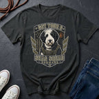 Sheepadoodle "Got Your 6" t-shirt design featuring a tactical distressed badge portrait of a Sheepadoodle on a black Comfort Colors tee