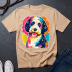 Sheepadoodle Graphic Pop Art t-shirt design featuring a vibrant color-block portrait of a Sheepadoodle on a ivory Comfort Colors tee