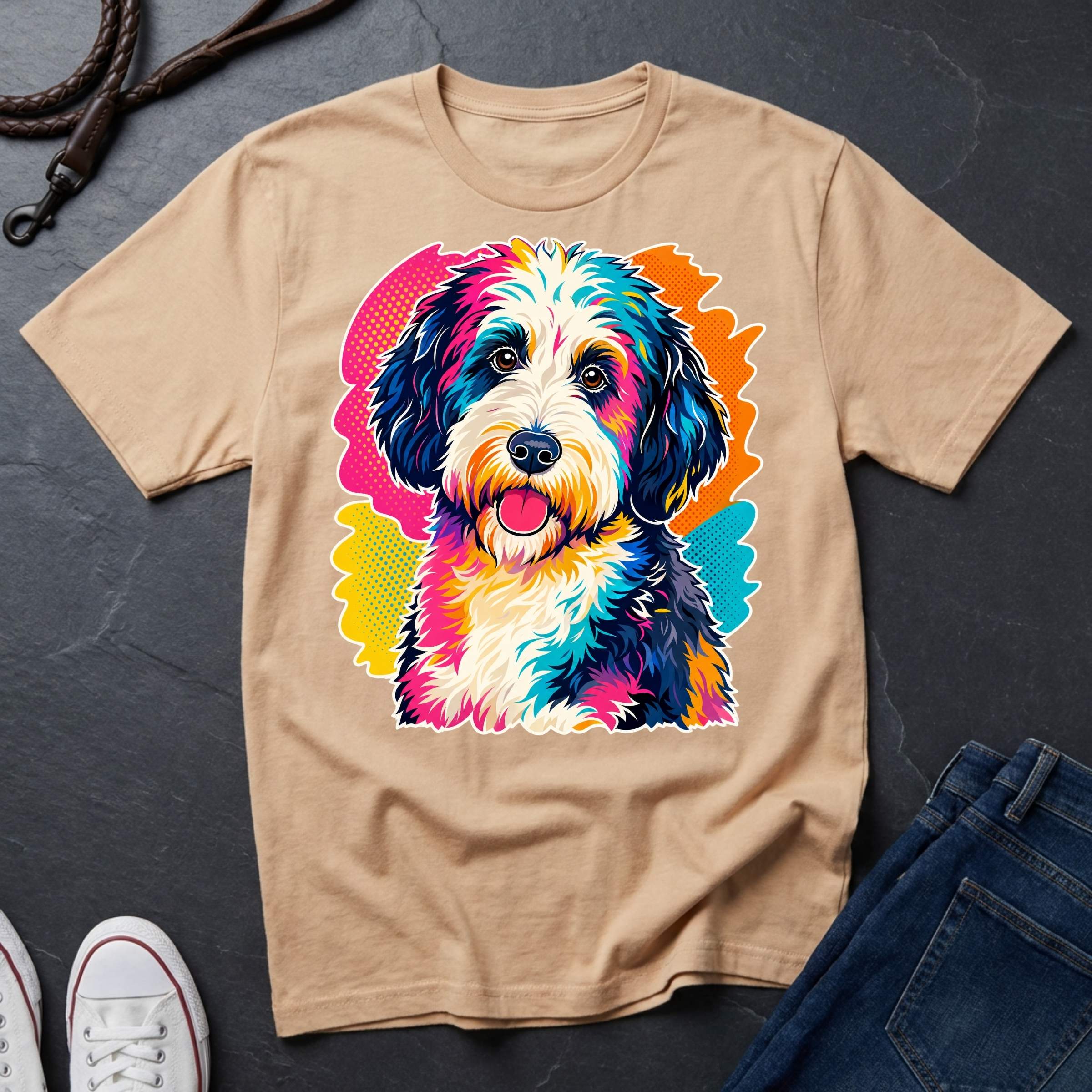 Sheepadoodle Graphic Pop Art t-shirt design featuring a vibrant color-block portrait of a Sheepadoodle on a ivory Comfort Colors tee
