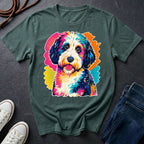 Sheepadoodle Graphic Pop Art t-shirt design featuring a vibrant color-block portrait of a Sheepadoodle on a bay Comfort Colors tee