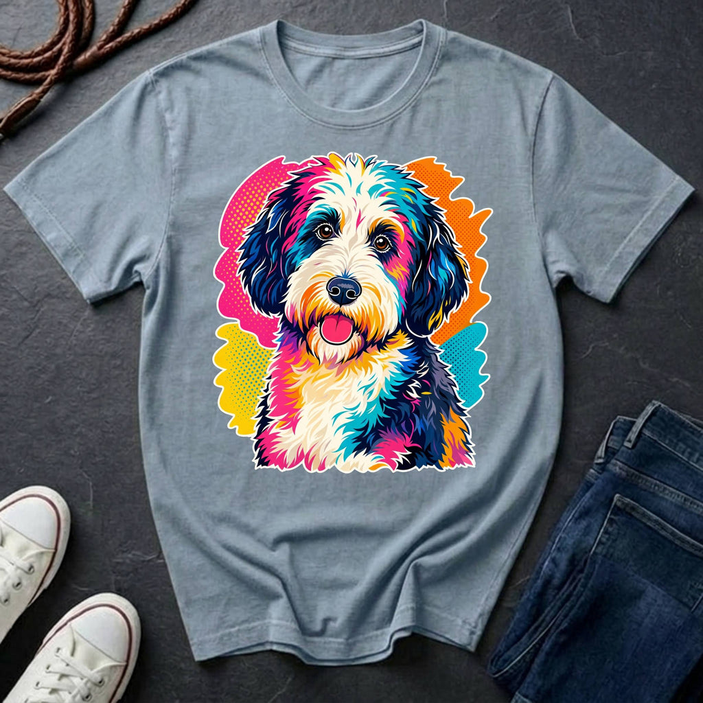 Sheepadoodle Graphic Pop Art t-shirt design featuring a vibrant color-block portrait of a Sheepadoodle on chambray Comfort Colors tee