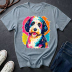 Sheepadoodle Graphic Pop Art t-shirt design featuring a vibrant color-block portrait of a Sheepadoodle on chambray Comfort Colors tee