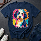 Sheepadoodle Graphic Pop Art t-shirt design featuring a vibrant color-block portrait of a Sheepadoodle on a navy Comfort Colors tee