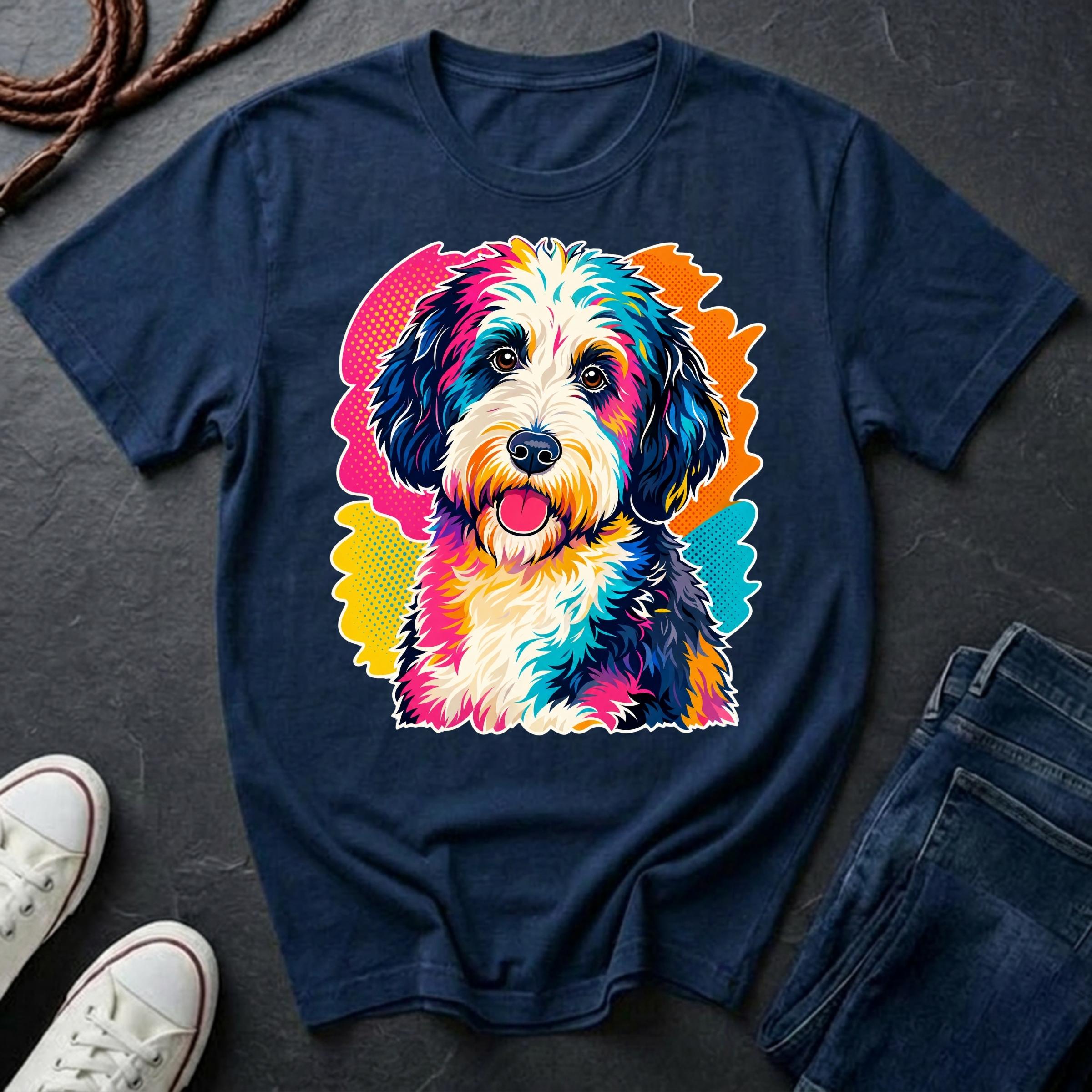 Sheepadoodle Graphic Pop Art t-shirt design featuring a vibrant color-block portrait of a Sheepadoodle on a navy Comfort Colors tee