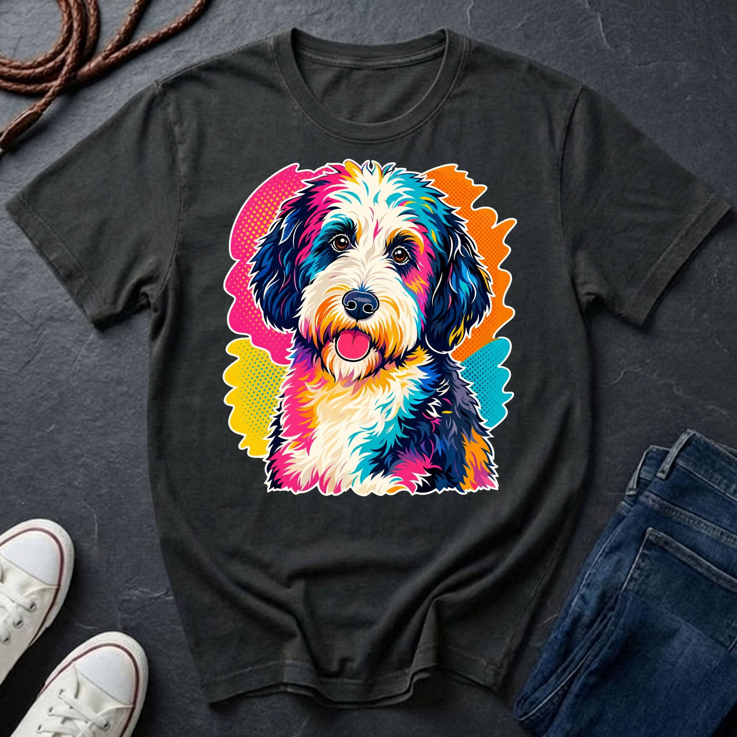 Sheepadoodle Graphic Pop Art t-shirt design featuring a vibrant color-block portrait of a Sheepadoodle on a black Comfort Colors tee