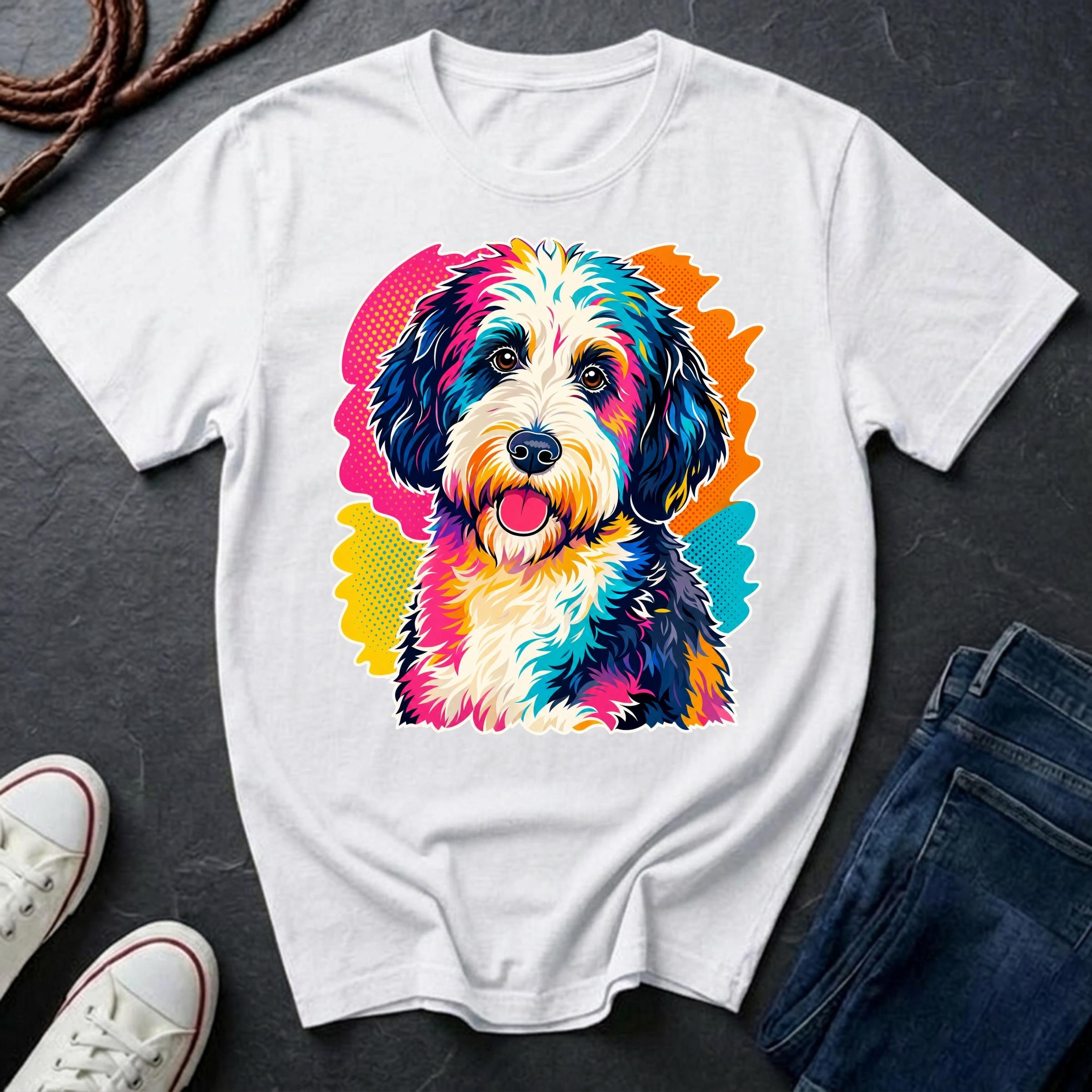Sheepadoodle Graphic Pop Art t-shirt design featuring a vibrant color-block portrait of a Sheepadoodle on a white Comfort Colors tee