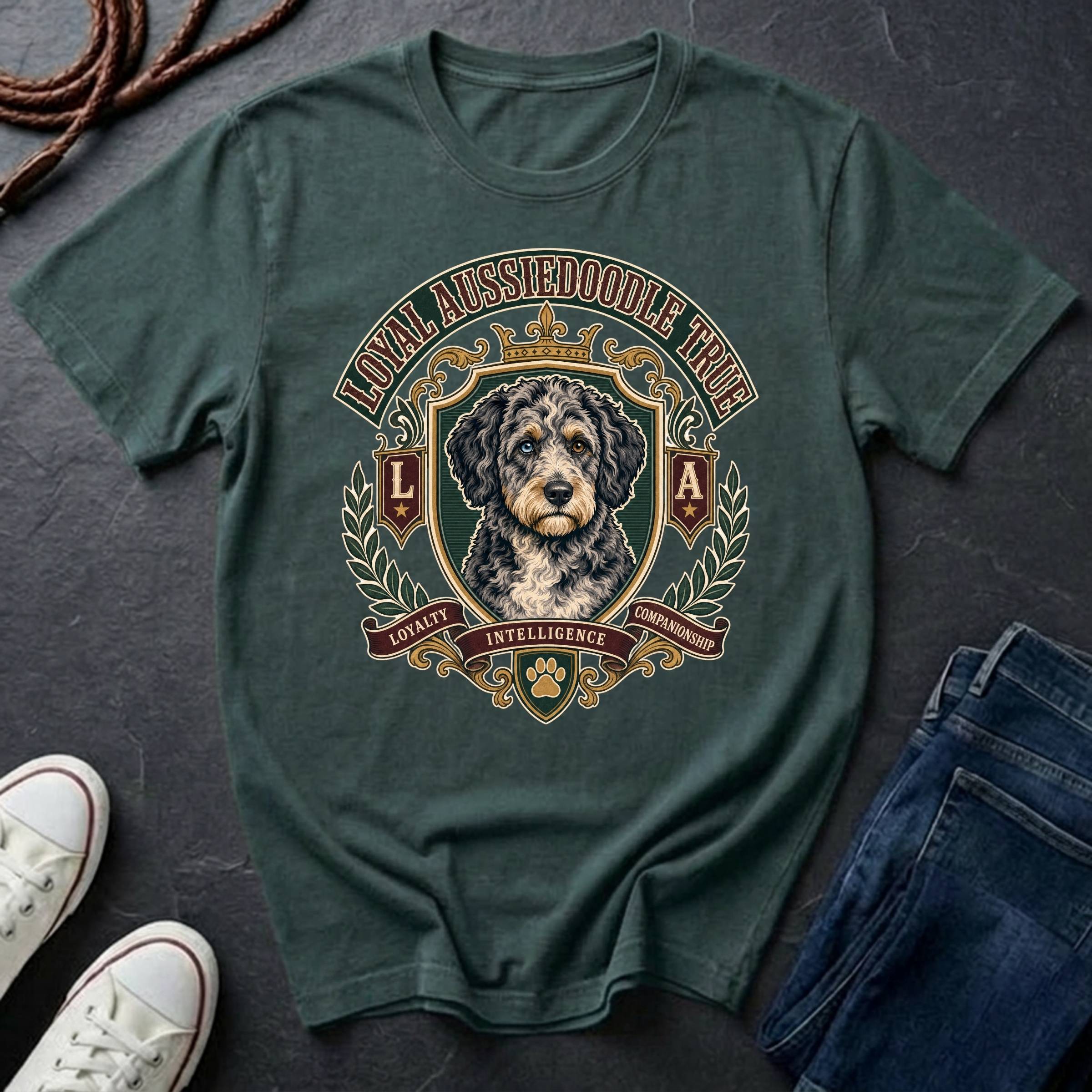  Aussiedoodle Heritage Badge t-shirt design featuring a vintage crest portrait of a shaggy black-and-white Aussiedoodle on a bay Comfort Colors tee