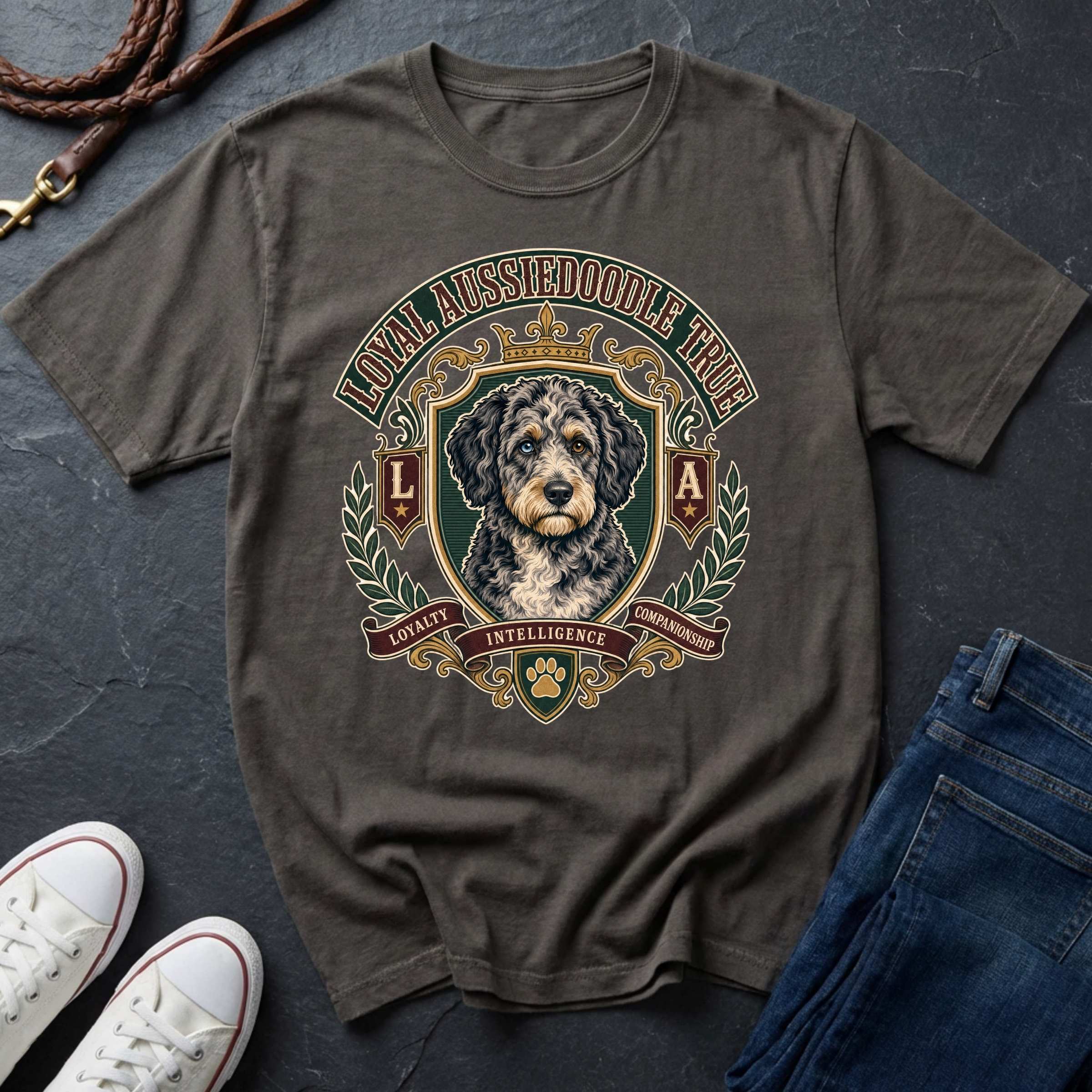  Aussiedoodle Heritage Badge t-shirt design featuring a vintage crest portrait of a shaggy black-and-white Aussiedoodle on a grey Comfort Colors tee