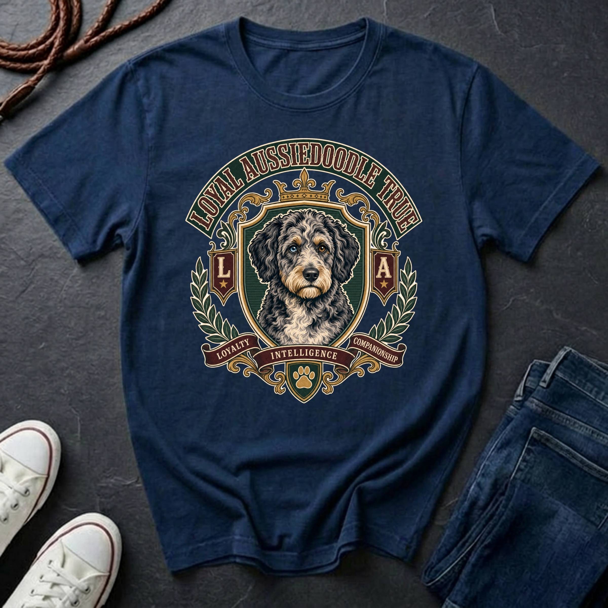 Aussiedoodle Heritage Badge t-shirt design featuring a vintage crest portrait of a shaggy black-and-white Aussiedoodle on a navy Comfort Colors tee