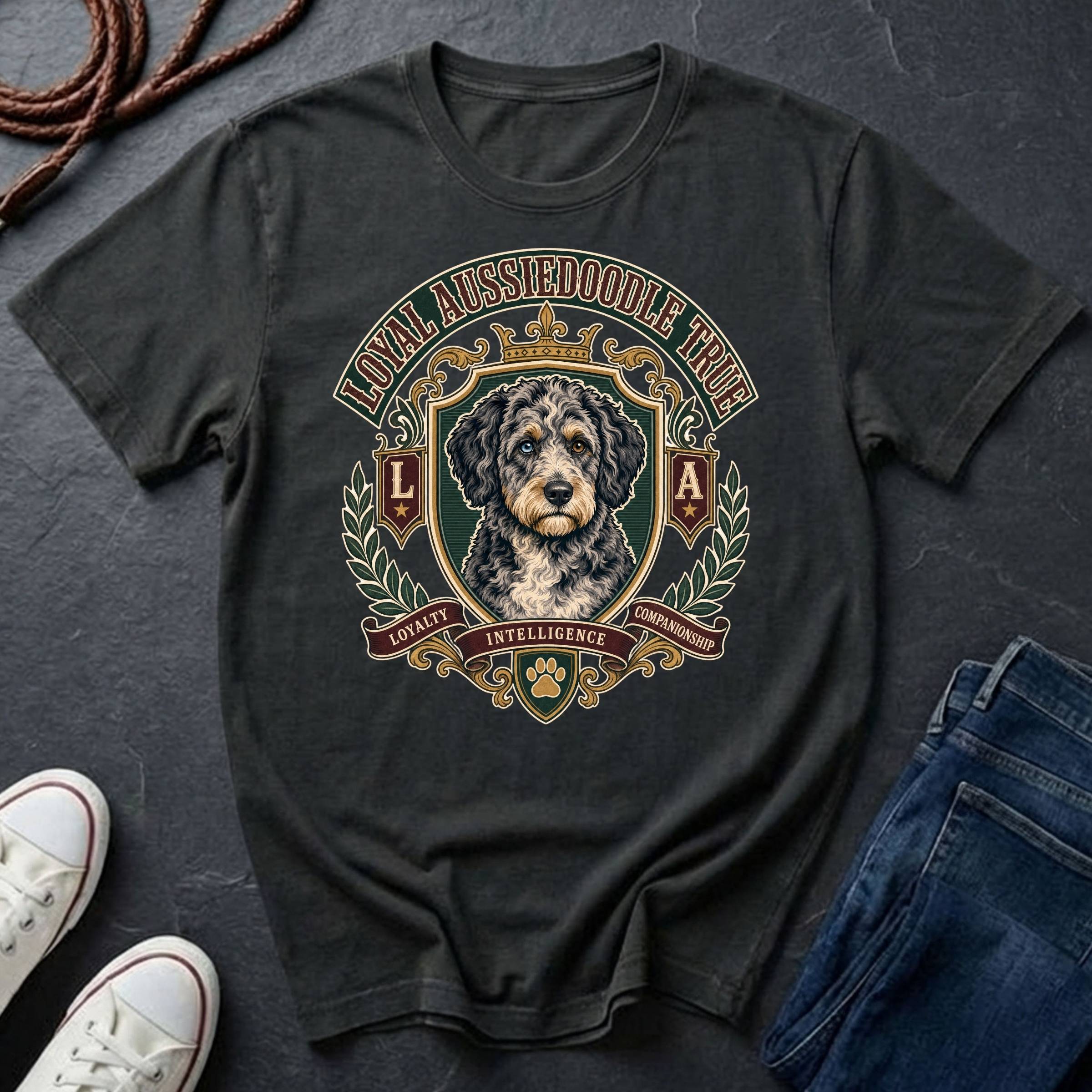  Aussiedoodle Heritage Badge t-shirt design featuring a vintage crest portrait of a shaggy black-and-white Aussiedoodle on a black Comfort Colors tee