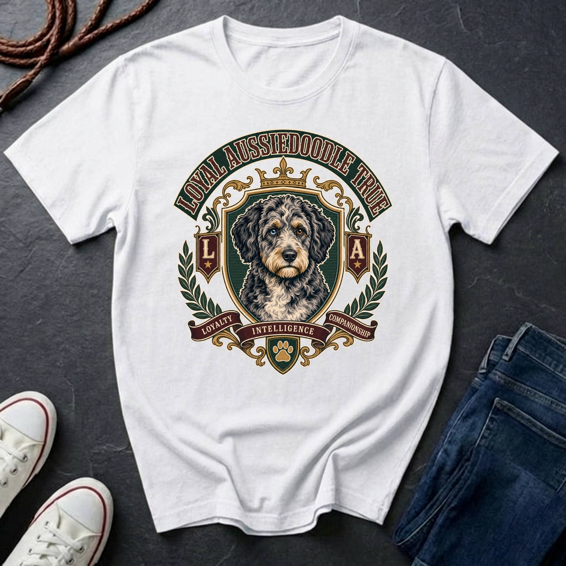 Aussiedoodle Heritage Badge t-shirt design featuring a vintage crest portrait of a shaggy black-and-white Aussiedoodle on a white Comfort Colors tee