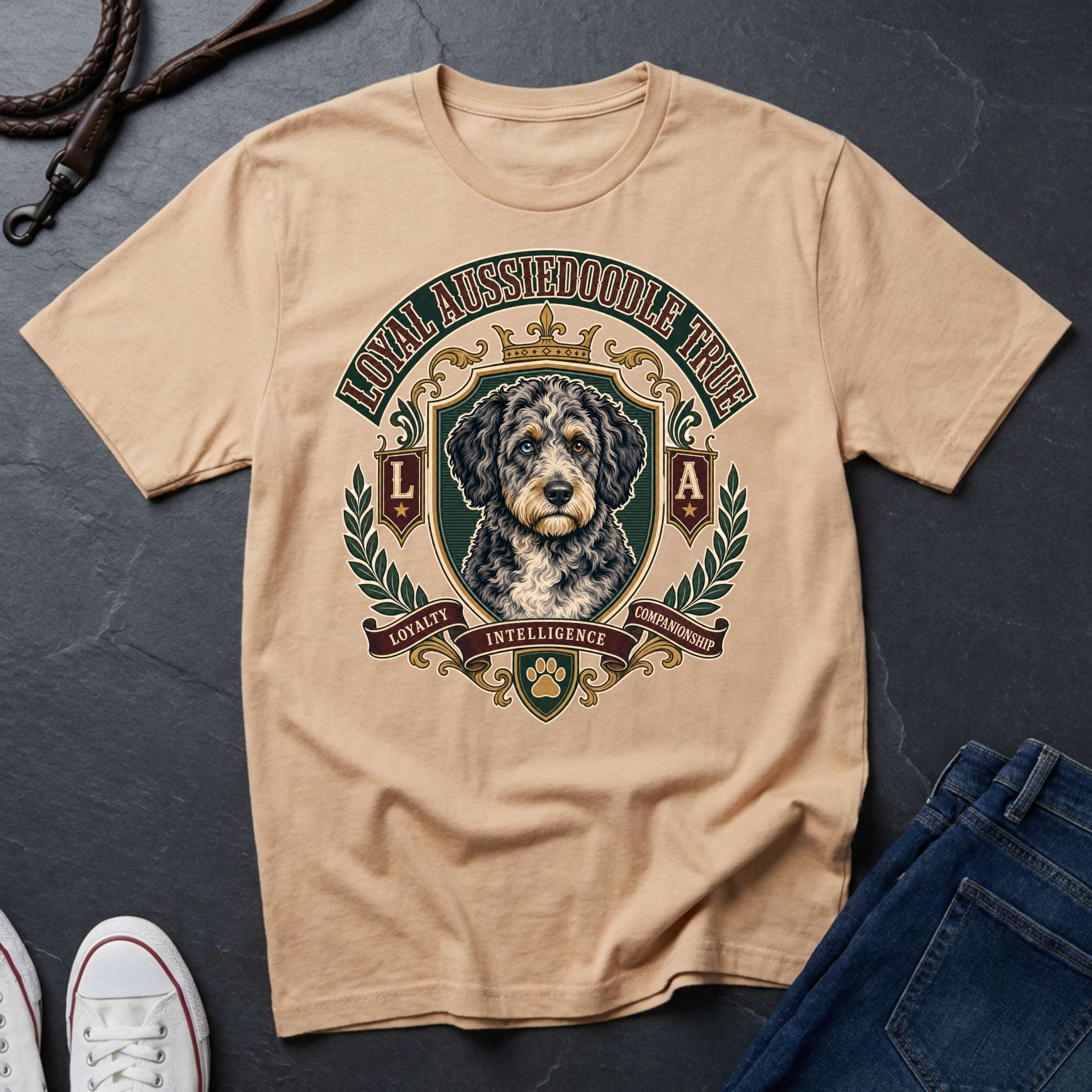  Aussiedoodle Heritage Badge t-shirt design featuring a vintage crest portrait of a shaggy black-and-white Aussiedoodle on a ivory Comfort Colors tee