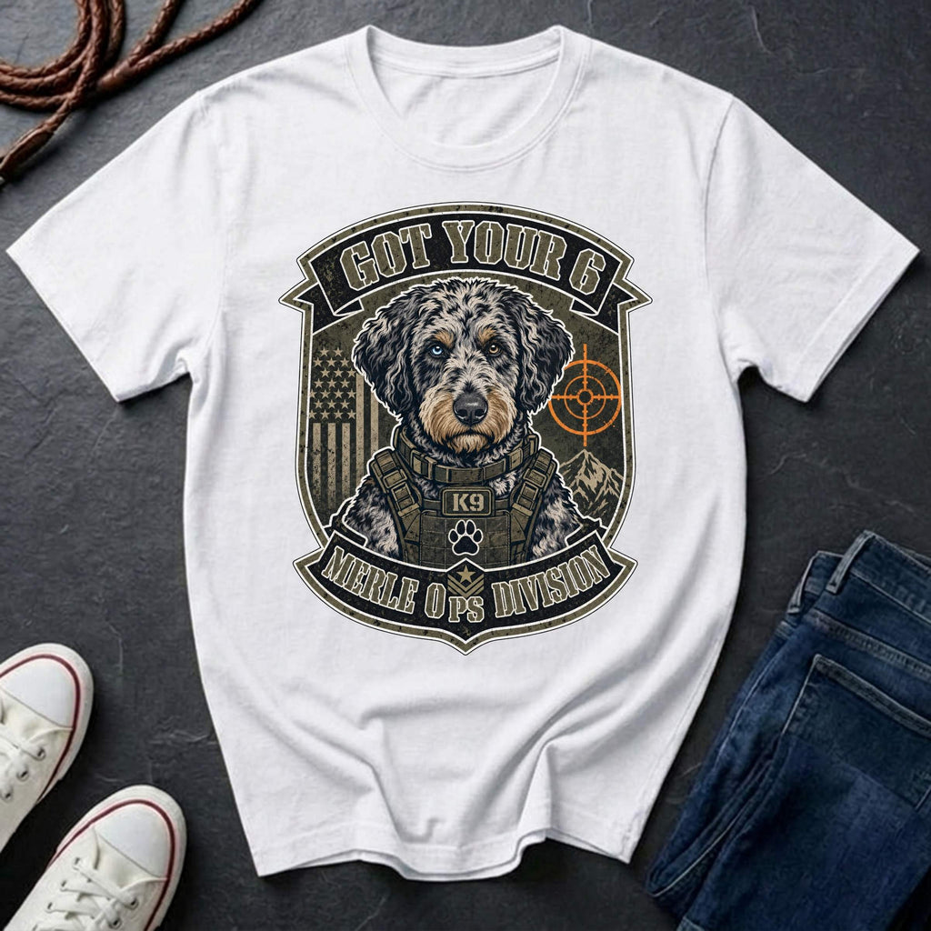 Aussiedoodle "Got Your 6" t-shirt design featuring a tactical distressed badge portrait of an Aussiedoodle on a white Comfort Colors tee