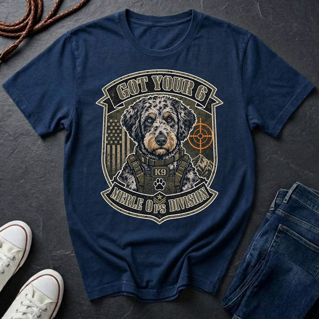 Aussiedoodle "Got Your 6" t-shirt design featuring a tactical distressed badge portrait of an Aussiedoodle on a navy Comfort Colors tee