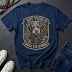 Aussiedoodle "Got Your 6" t-shirt design featuring a tactical distressed badge portrait of an Aussiedoodle on a navy Comfort Colors tee