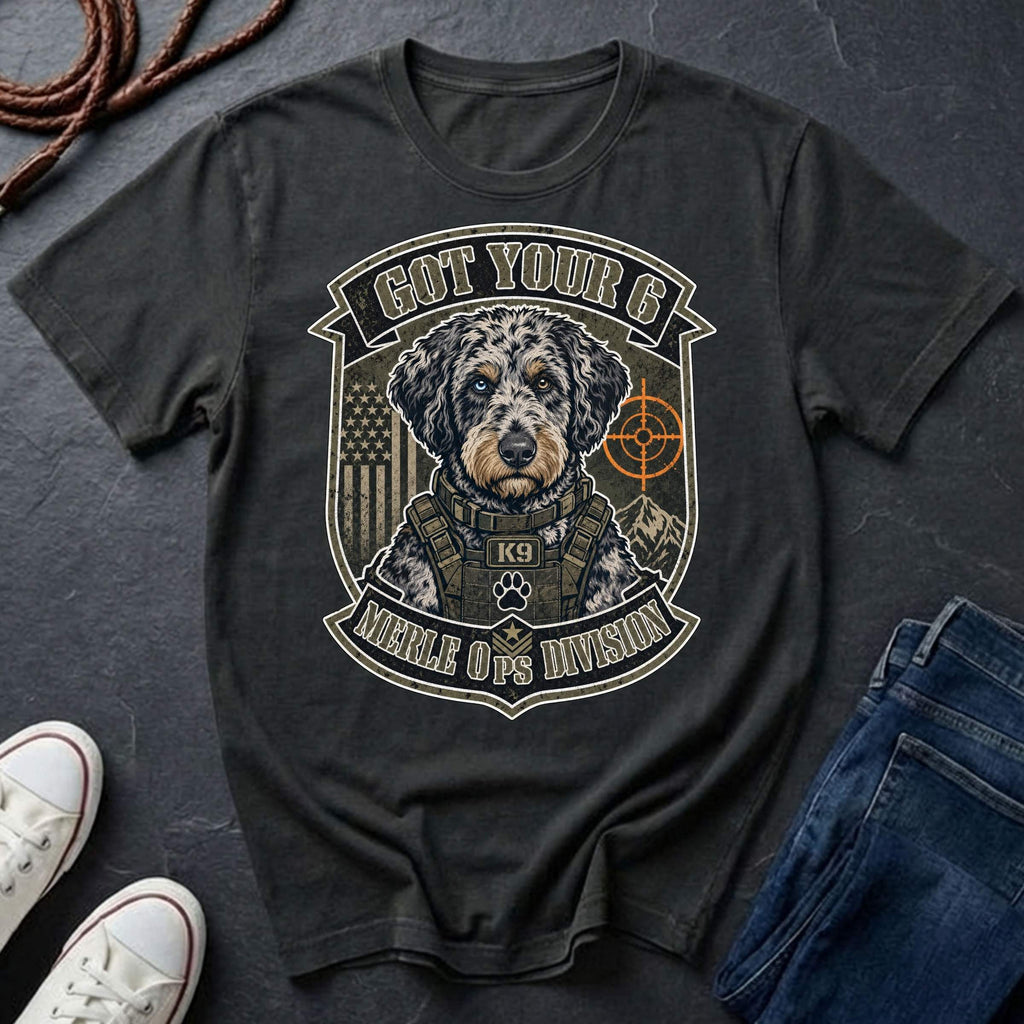 Aussiedoodle "Got Your 6" t-shirt design featuring a tactical distressed badge portrait of an Aussiedoodle on a black Comfort Colors tee