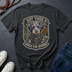 Aussiedoodle "Got Your 6" t-shirt design featuring a tactical distressed badge portrait of an Aussiedoodle on a black Comfort Colors tee