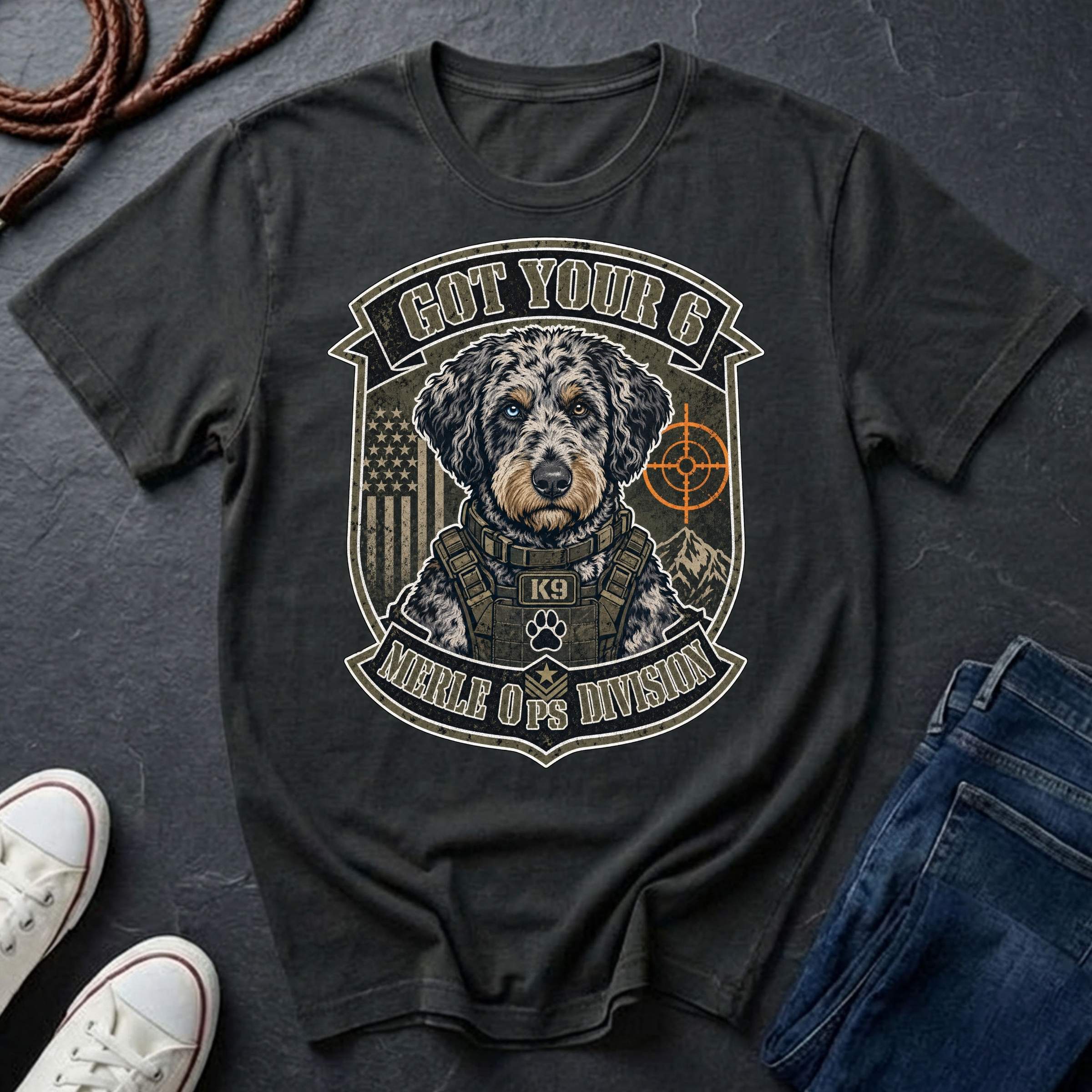 Aussiedoodle "Got Your 6" t-shirt design featuring a tactical distressed badge portrait of an Aussiedoodle on a black Comfort Colors tee